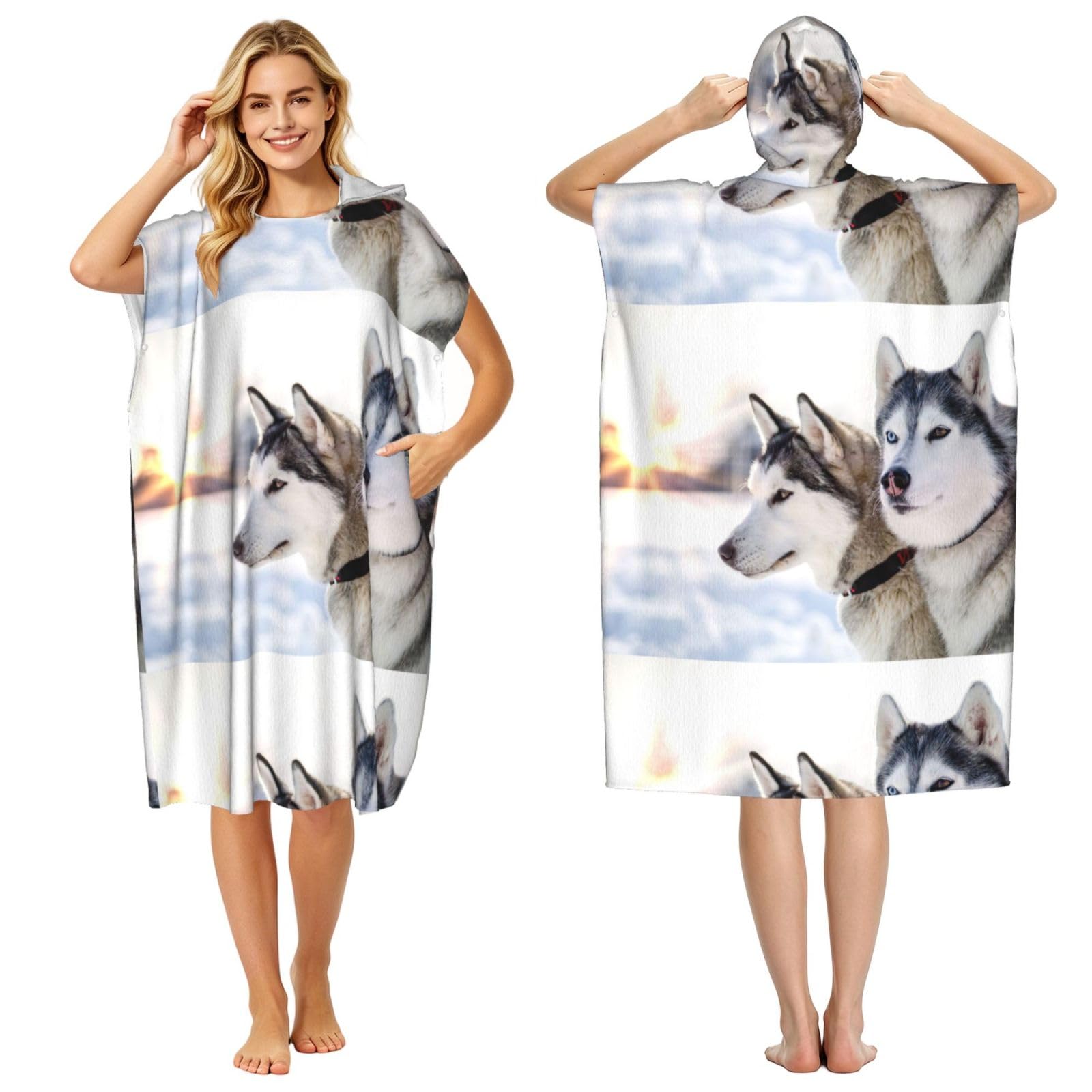 Poadnly Two Siberian Husky Dogs, Adult Hooded Beach Towel 90 x 110 cm,Changing Bath Robe, Surf Poncho Towel For Women Men