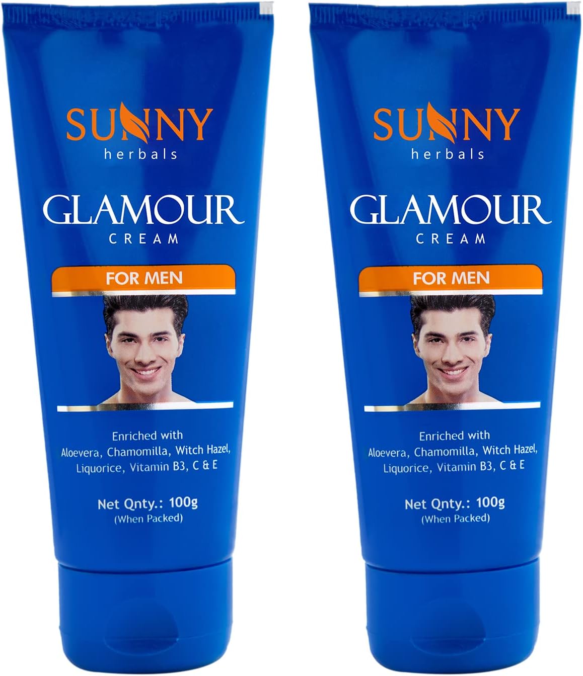 Herbals Glamour Cream To Moisturize & Reduce Dark Spots | Protection From Sun Rays | Removes Damaged Skin Cells | Enriched With Aloe Vera, Chamomilla, Witch Hazel, Liquorice, Vitamin B3, C & E | For Men, 100 gm (Pack of 2)