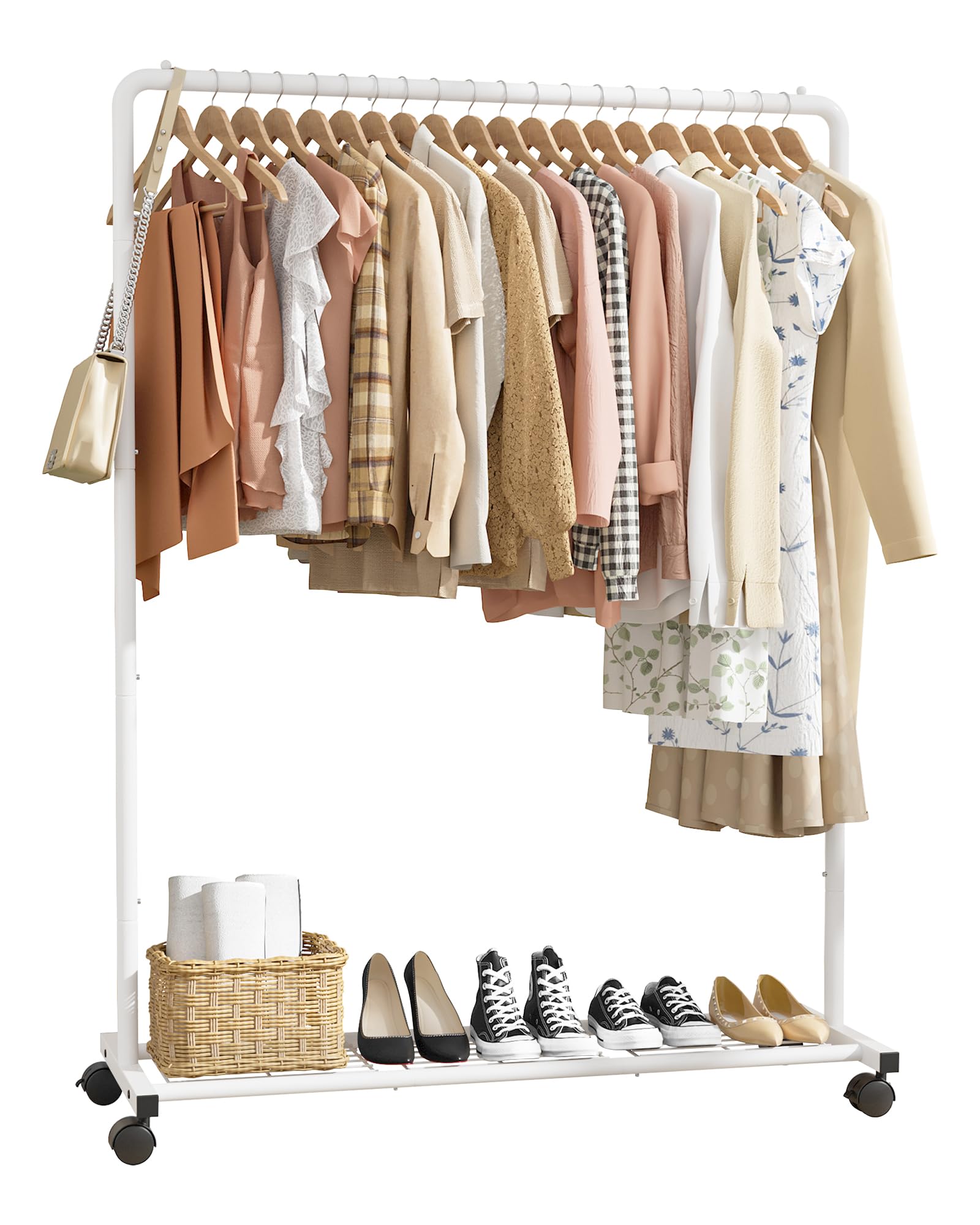 Sakugi Clothes Rack - Clothing Rack with Storage Mesh Shelf &amp; Casters, Heavy-Duty Metal Clothing Rack for Hanging Clothes, Dresses, Coats, Large Load Capacity, Easy Assembly, White, 44.3"x16.9"x59.0"