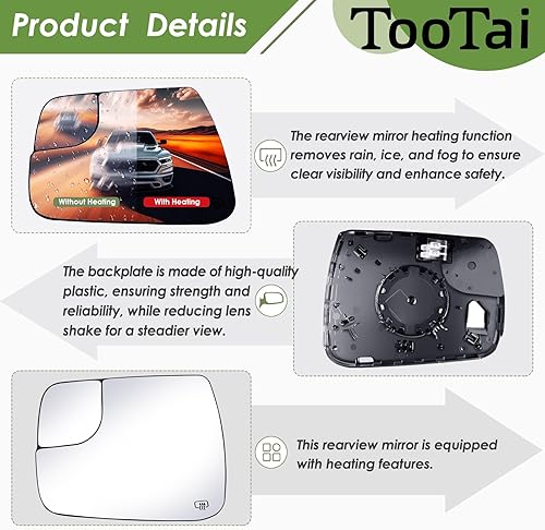 Miniatura 9 de Tootai Cristal de espejo lateral del pasajero compatible con RAM 1500 2019-2022, calentado sin detección de punto ciego, sin atenuación automática,