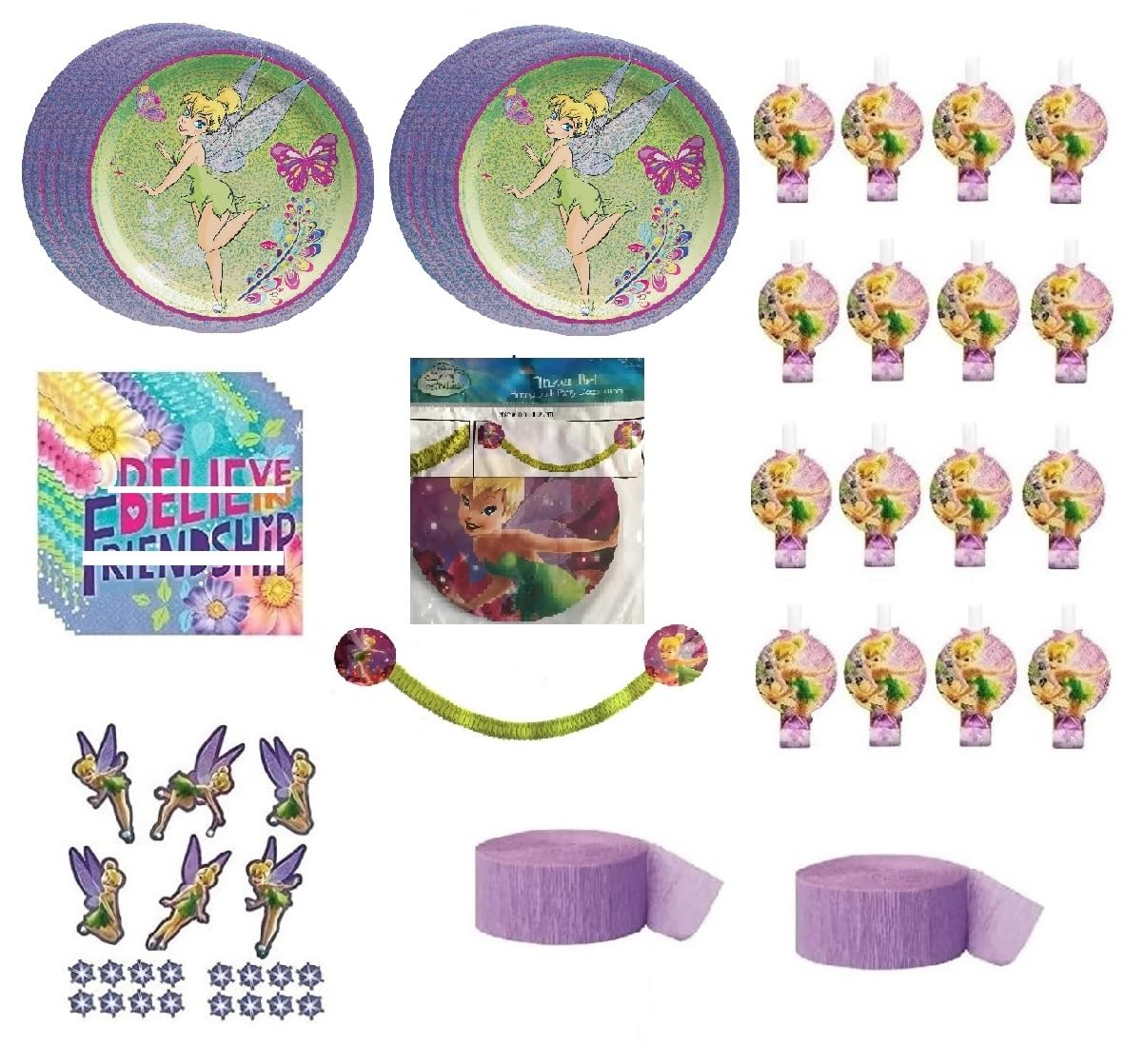 Unique Tinkerbell Birthday Party Supplies Bundle includes Plates, Napkins, Table Cover, Banner, Centerpiece, Invitations, Blowouts, Loot Bags, Confetti, Hanging Danglers, Streamers (Bundle for 16)