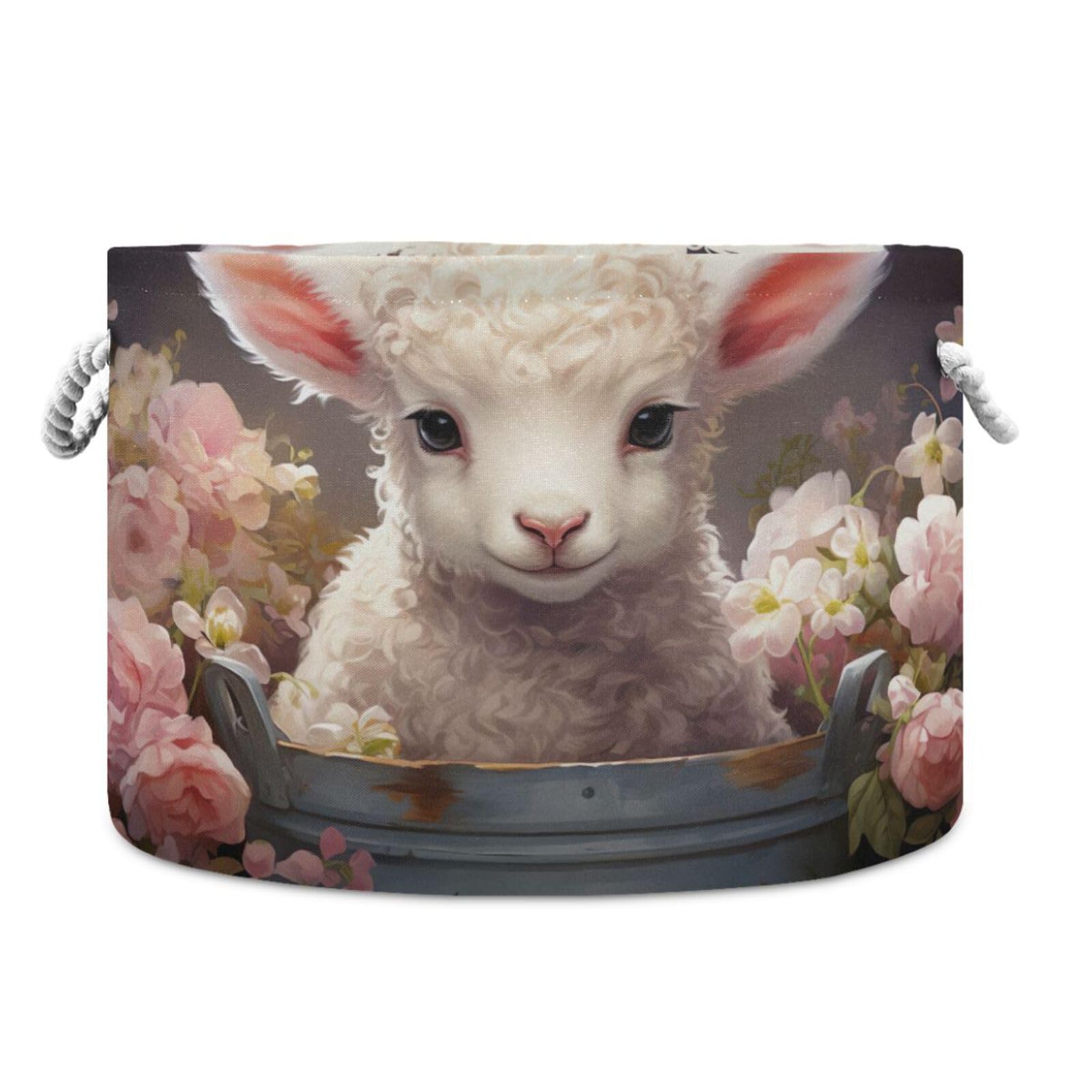 Round Cute Sheep Flower Basket Storage Basket Large Organizer Bin Laundry Hamper Toy Storage Basket with Handle for Nursery Clothes Toys 202b4051