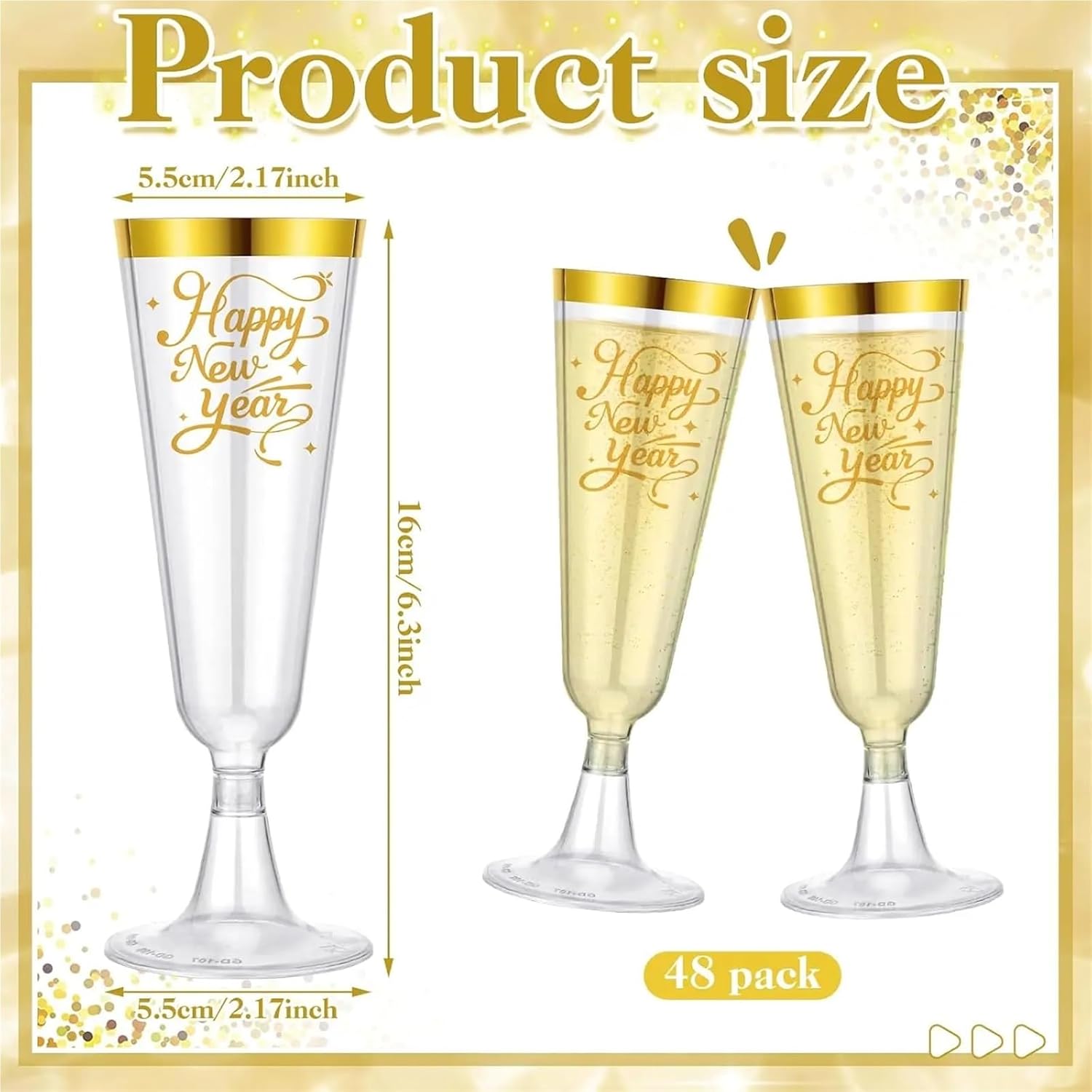 Plastic Champagne Flutes Disposable 48 Pack 2026 Happy New Year Gold Rim Plastic Champagne Flutes 5oz Disposable Party Cups
