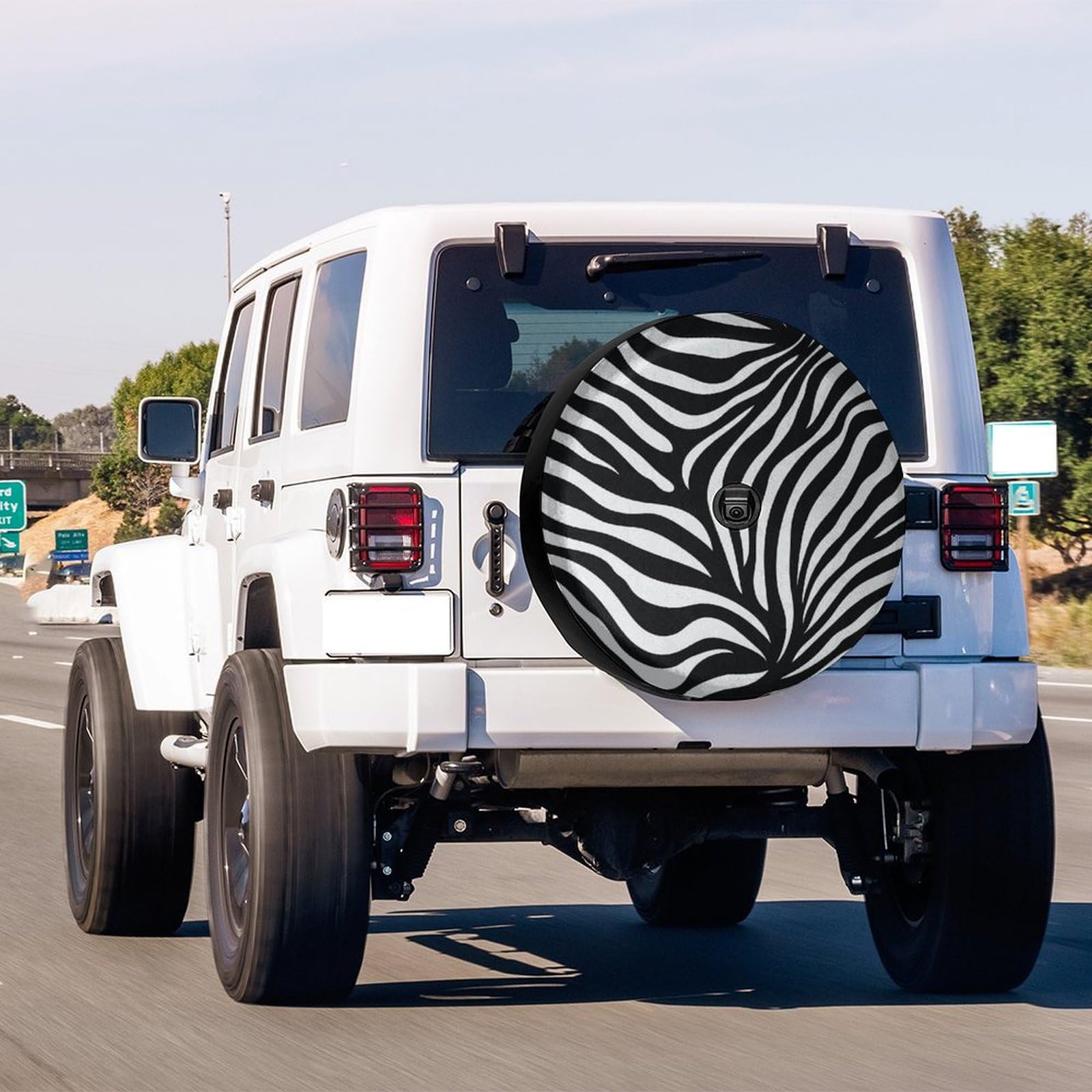Delerain Spare Tire Cover with Backup Camera Hole Black White Zebra Print Wheel Covers Waterproof Dust-Proof UV Sun Universal Fit for Trailer RV SUV Truck (18 Inch for Diameter 32