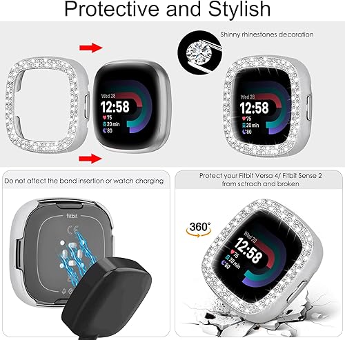 Miniatura 2 de MOFREE Compatible con Fitbit Versa 4 bandasFitbit Sense 2 bandas mujeres con funda protectora rígida para parachoques, joyería elegante, pulsera de