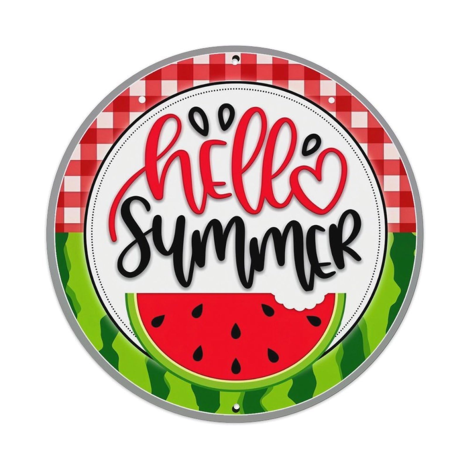 Hello Summer Watermelon Gingham Pattern Vintage Metal Tin Sign Retro Wall Decor for Home Bar Garage Cafe, Indoor & Outdoor Decorative，circle Metal Poster, 8x8 Inch