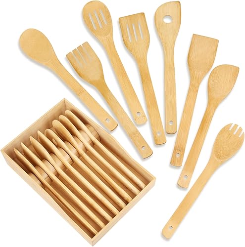 Miniatura 1 de Juego de utensilios de cocina de madera con reposo de cucharas 8 cucharas de madera para cocinar espátula de madera utensilios de cocina