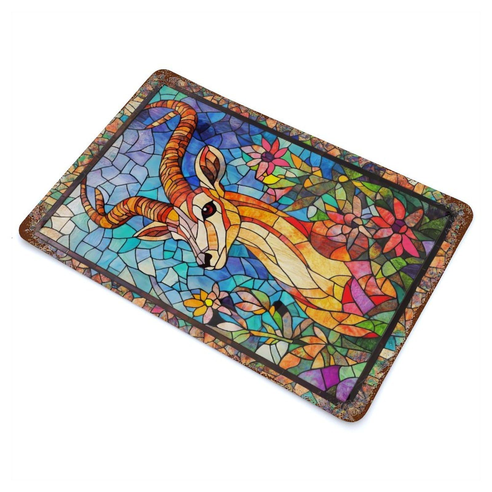 Garage Style Stained Glass Deer Rustic Tin Plaque 11.8"x7.9", Classic Wall Plaque for Bar And Workshop