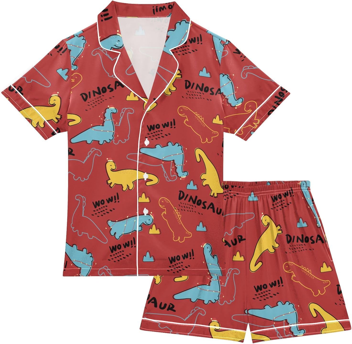 Kids Satin Wear Set Line Dinosaur Red Pattern Relaxed Fit Clothing Short Sleeve and Shorts