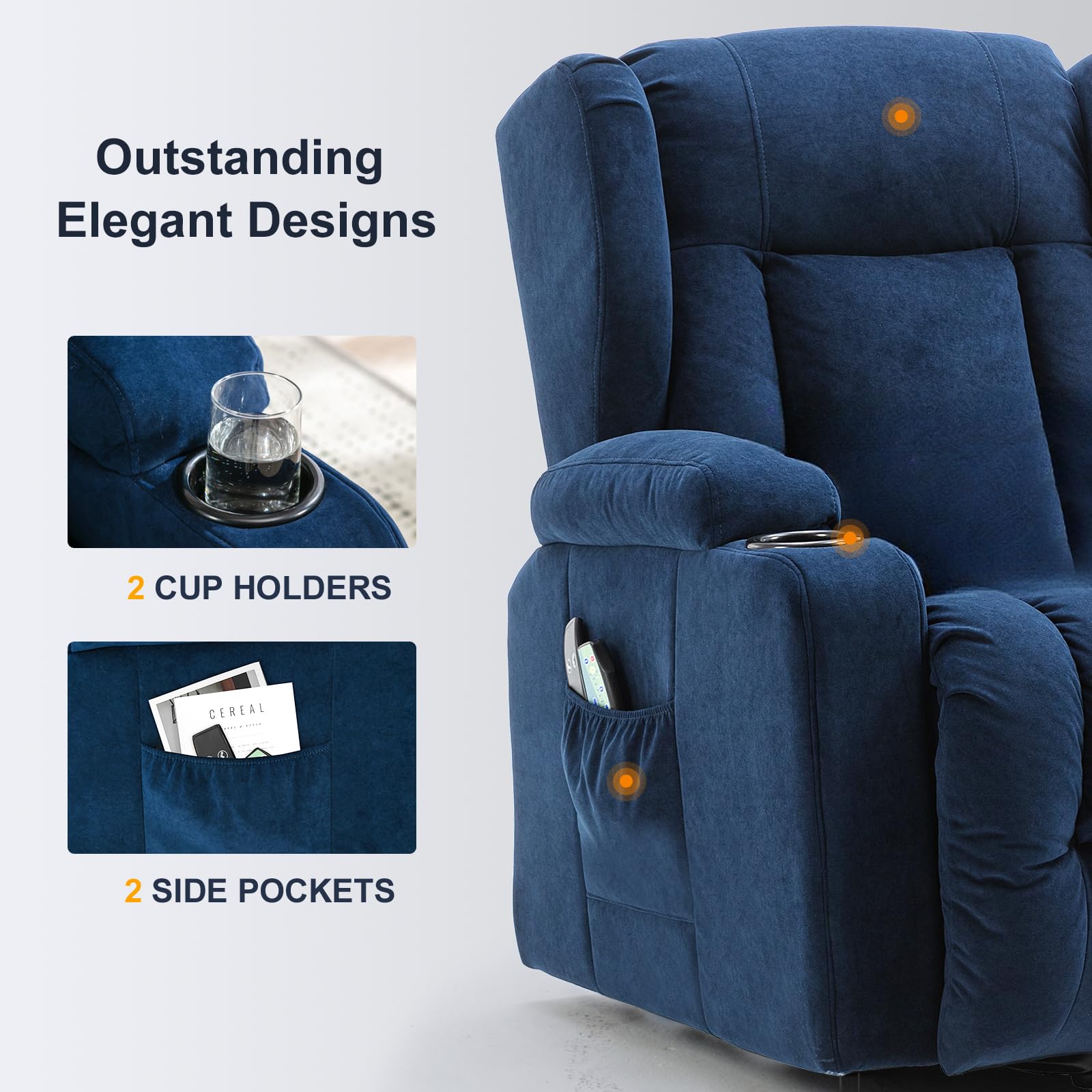 COMHOMA Sillón Relax Masaje Reclinable Electrico de Tela con 8 Puntos de Masaje Vibrante Función, Lumbar Poltrona Reclinável Levantapersonas Azul