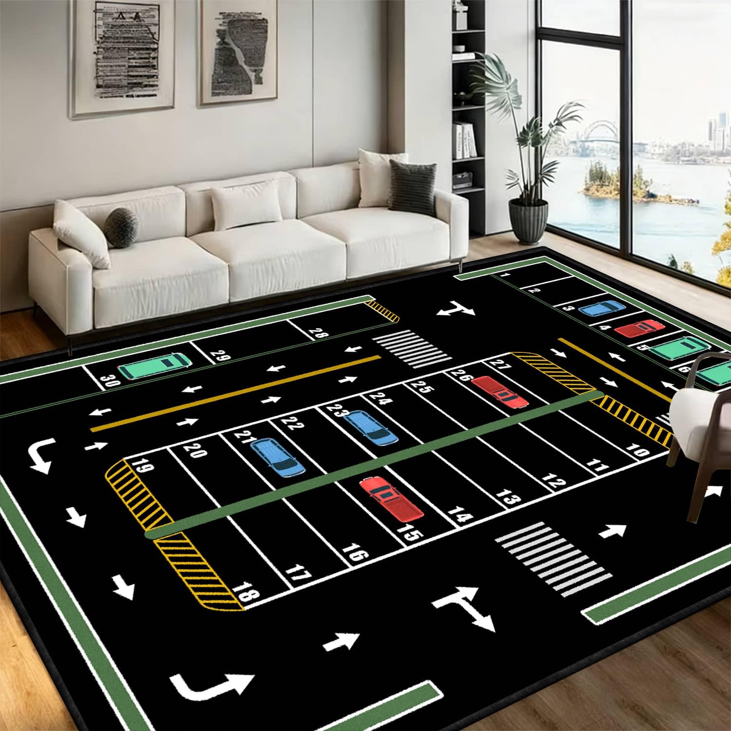 Boys' Car Play Area Rug, 120x180cm City and Town Roads With Parking Spots, Non-Slip Playroom Soft Play Mat, Washable, Educational, for Living Room, Bedroom, and Daycare Washable Bedroom Carpet - Black