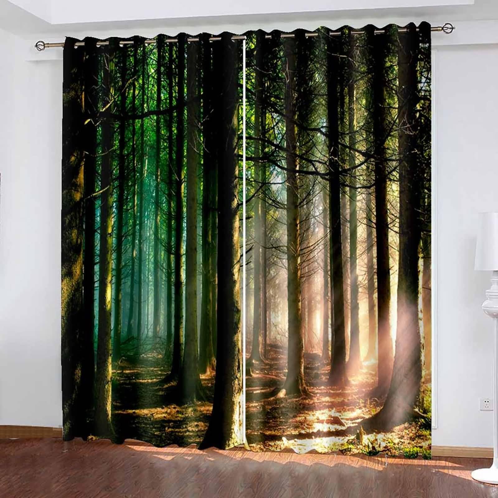 Vorhänge Schlafzimmer Modern, 96x229cm Schwarz Grün Baum Wald Landschaft Vorhang für Wohnzimmer