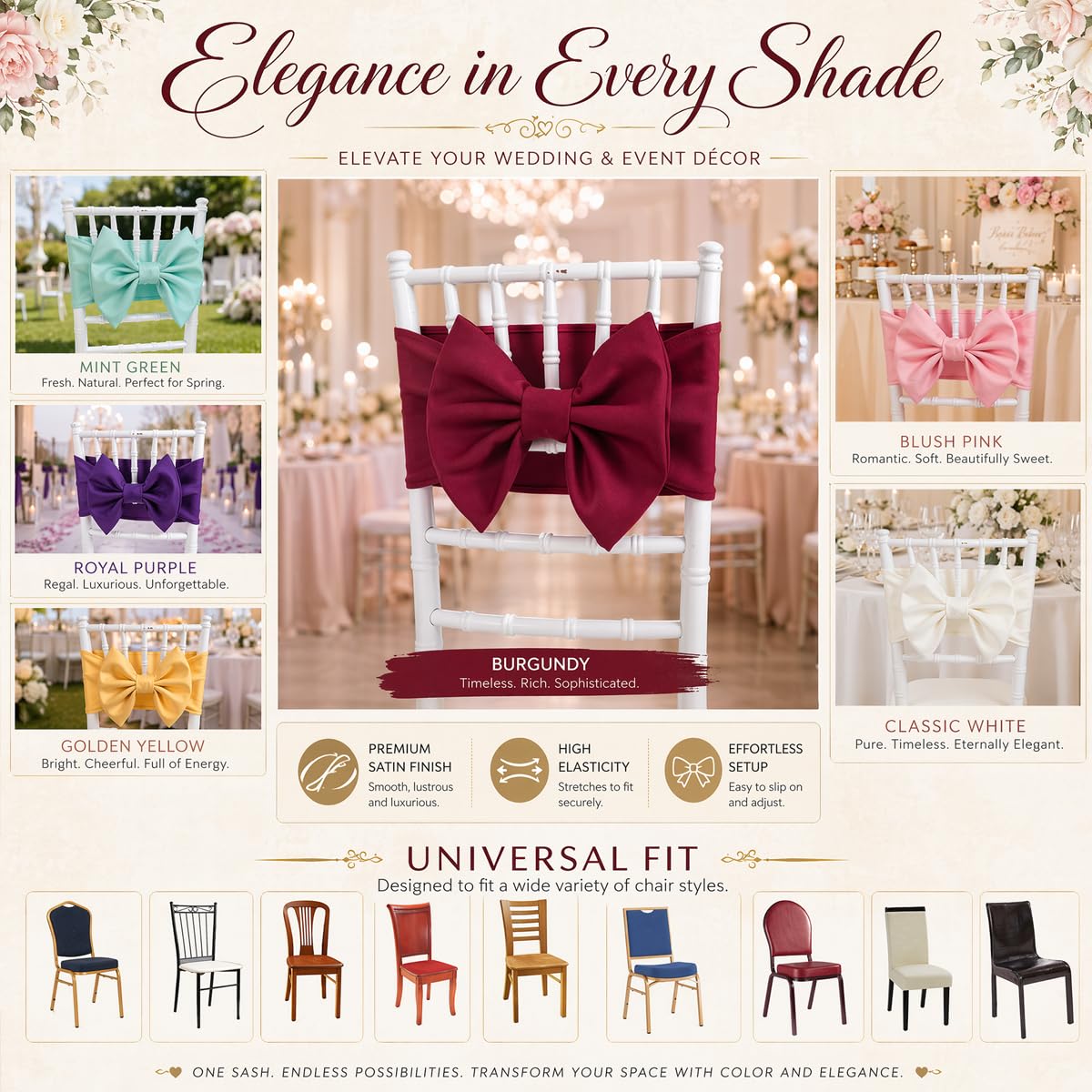 Stuhlschärpe Stuhlschleife Elastisch für Hochzeit Bankett 6 Stück | Elegante Stuhldeko, elastische Passform, samtige Optik, kein Binden nötig, für Hochzeit, Empfang, Festsaal und Events
