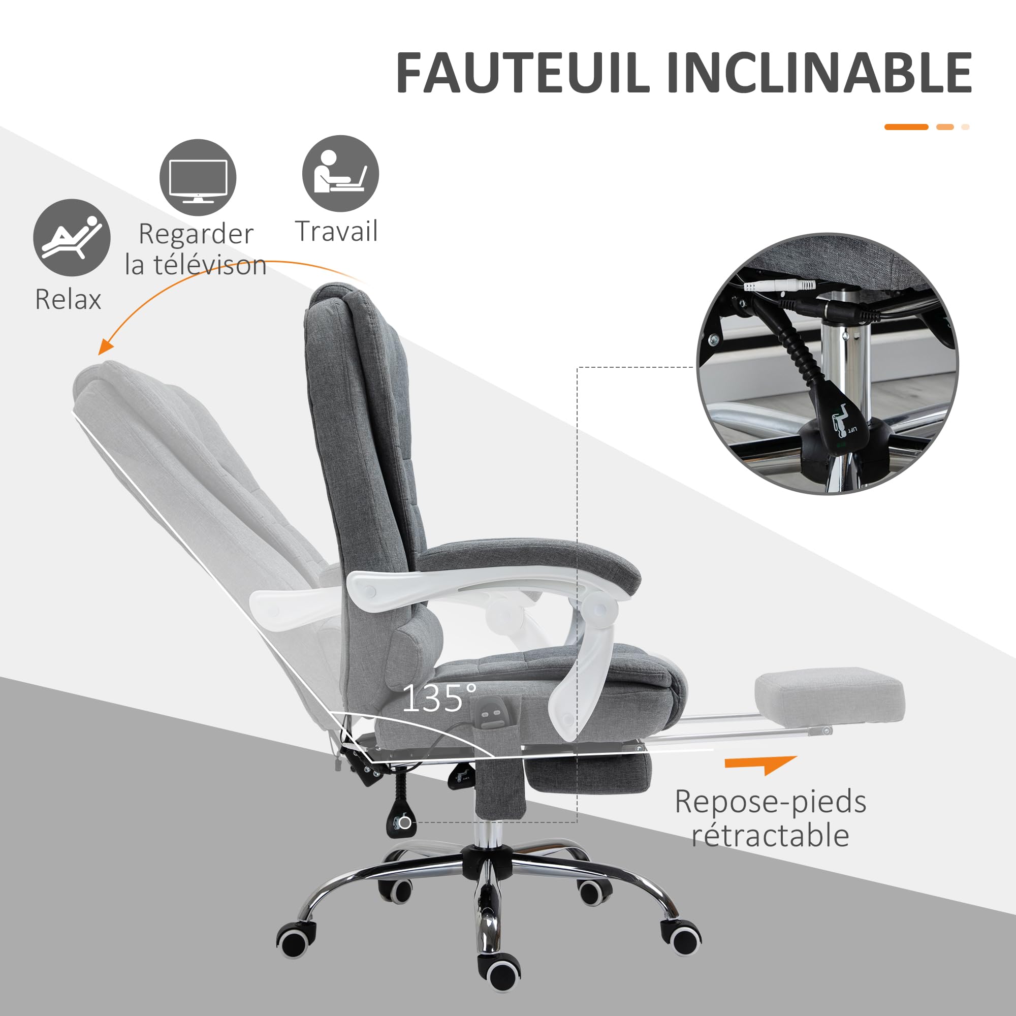 Vinsetto Fauteuil de Bureau Massant et Chauffant Toile de Lin Gris