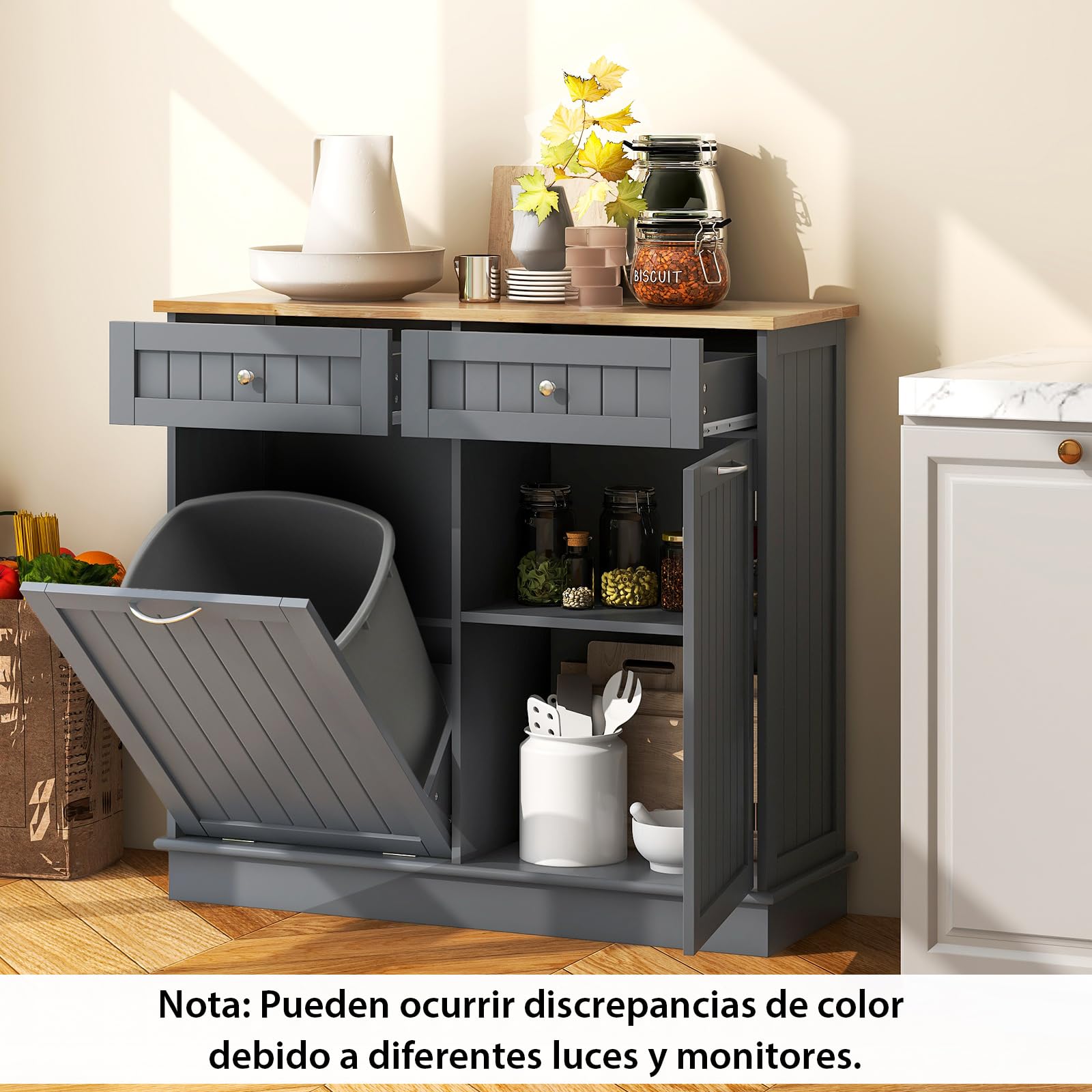 COSTWAY Aparador Auxiliar Armario de Cocina con Soporte para Botes de Basura hasta 42L Mueble de Almacenamiento de Caucho con 2 Cajones y Estante Ajustable Aparador de Cocina para Basura