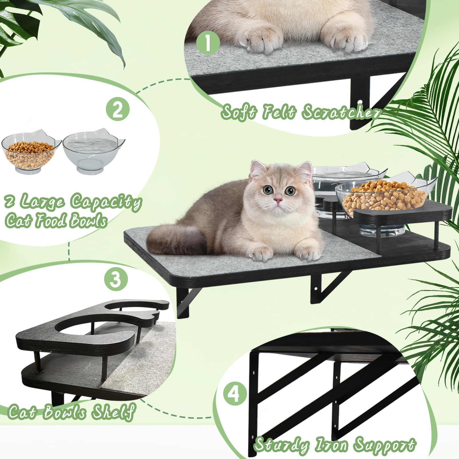 Katzen-Wandregale, Möbel-Set mit 2 Futternäpfen, Kletterwandsysteme aus Holz mit Kratzunterlage und 3 Stufen, schwebende Regale, Bettsitzstangen, Wandmontage für den Innenbereich, passend bis zu 6,8