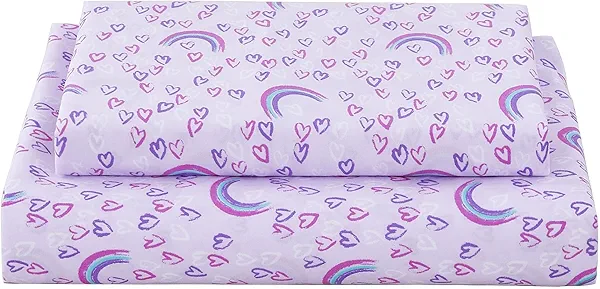 Softan Kids Bed Sheet Set, Twin Size, Microfiber Fitted Sheet, Breathable & Silky Soft Feeling, 3 PCs Purple Love Heart Rainbow Twin Bed Sheet