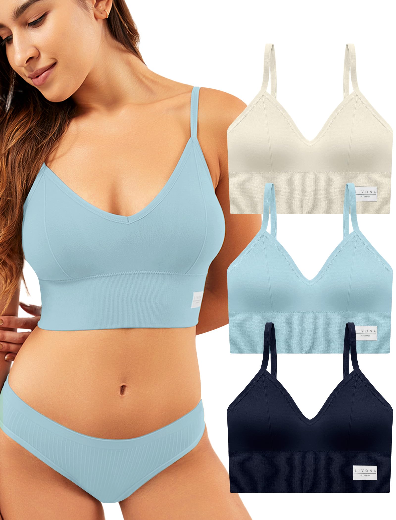 Livona 3 Pack Sports Bras for Women- Wireless Soft Workout Bra, Padded Fitness Bralette, Comfort Crop Cami Tank S-XXL