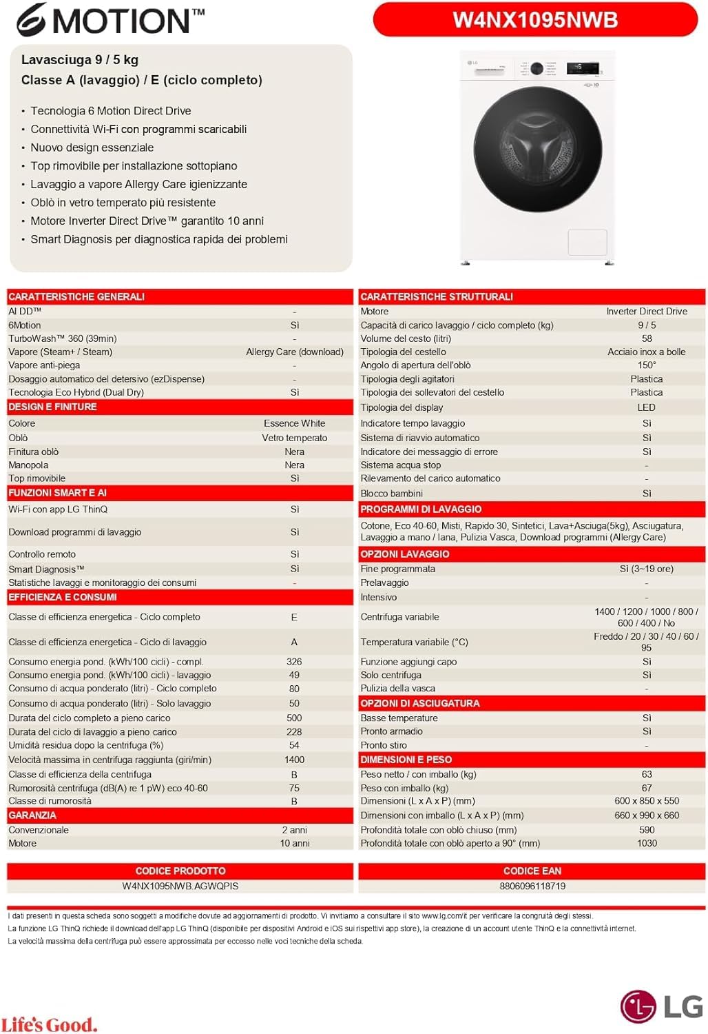 LG W4NX1095NWB Lavasciuga 9/5kg Serie X1, Lavatrice e Asciugatrice Insieme Classe A/E, 1400 Giri, Wi-Fi, Top Rimovibile, Vapore Allergy Care, Tecnologia 6 Motion Direct Drive, Bianca