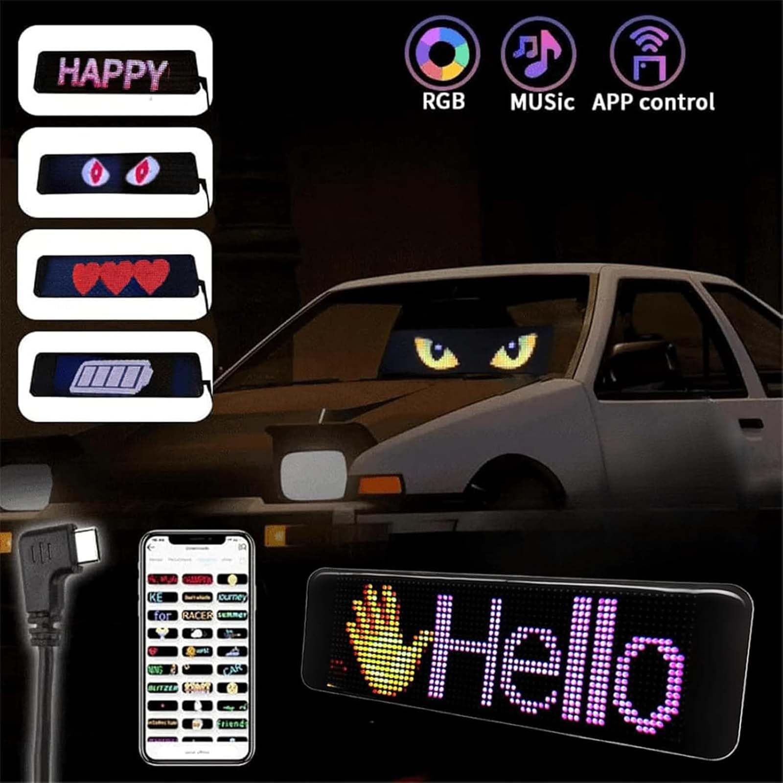 Occhi LED per Camion e Auto, Luci da Diavolo, Display Flessibile Programmabile, Fai da Te, LED Dinamici, Luce Colorata