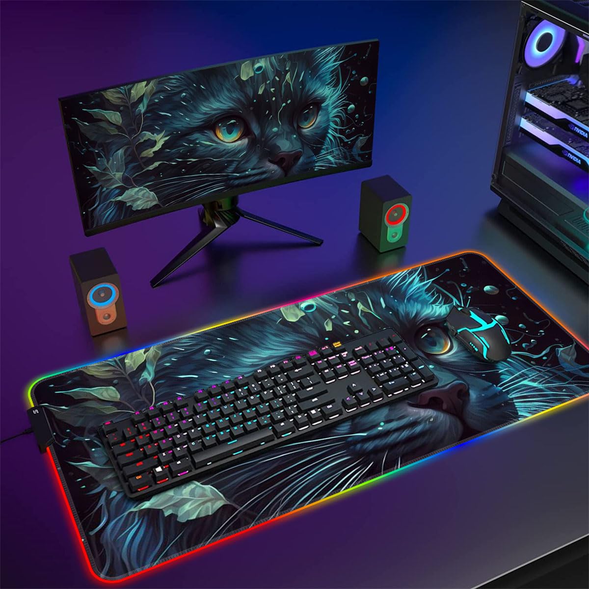 Adorabile tappetino per mouse RGB da gaming, a LED, XXL, con 14 modalità di illuminazione, 7 colori LED, 4 modalità di effetto, lavabile, 40 x 90 cm