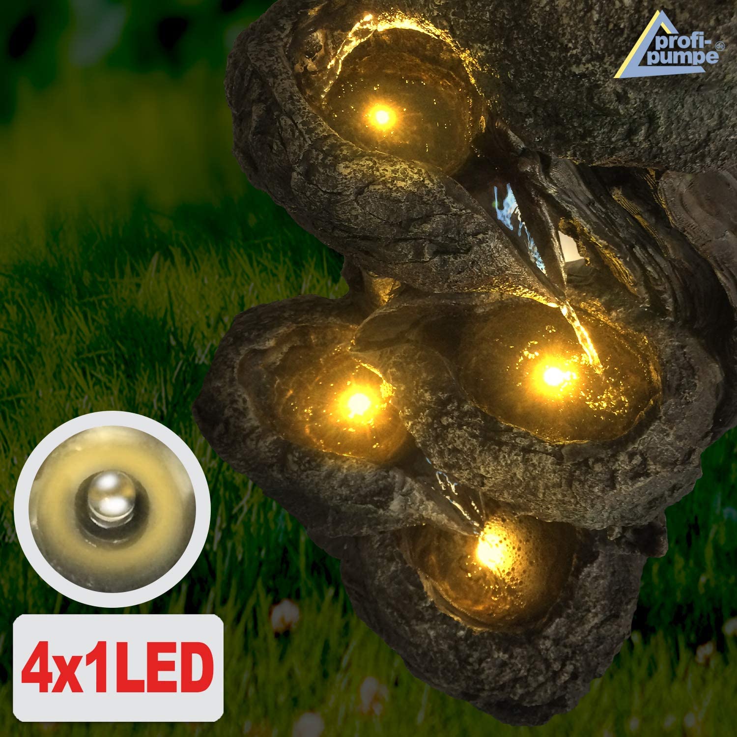 AMUR Fuente solar de jardín con batería de respaldo y luz LED, cascada autónoma, tronco de árbol y cuencos de piedra
