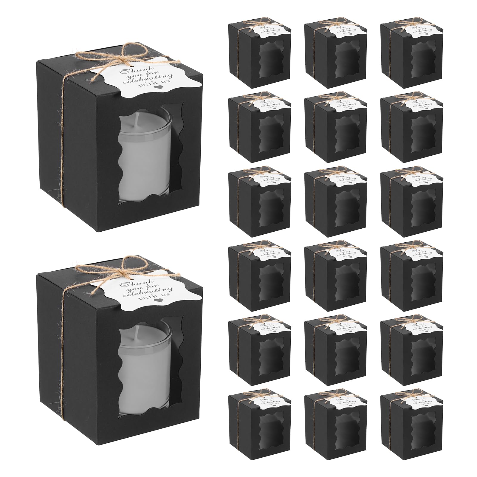 PATIKIL Candle Gift Box, (3.35 x 3.35 x 4 Inch, Black) (20Pcs), Gift Packaging Box with Transparent Window Thank You Tag Rope, Suit for 4-10 oz Candles/Wedding/Birthday/Party/Favor