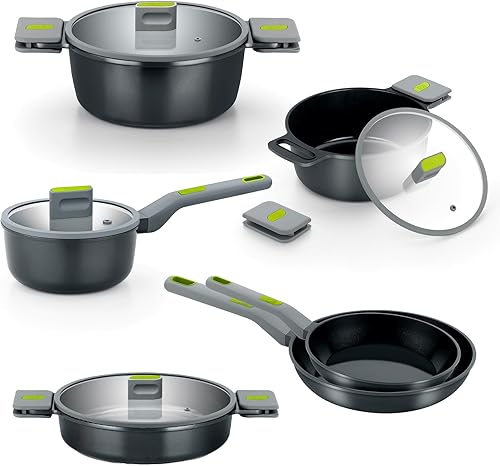 BRA COOKWARE Life - Juego de utensilios de cocina de cerámica de 12 piezas, juego de ollas y sartenes de aluminio fundido reciclado con 2 ollas, 1