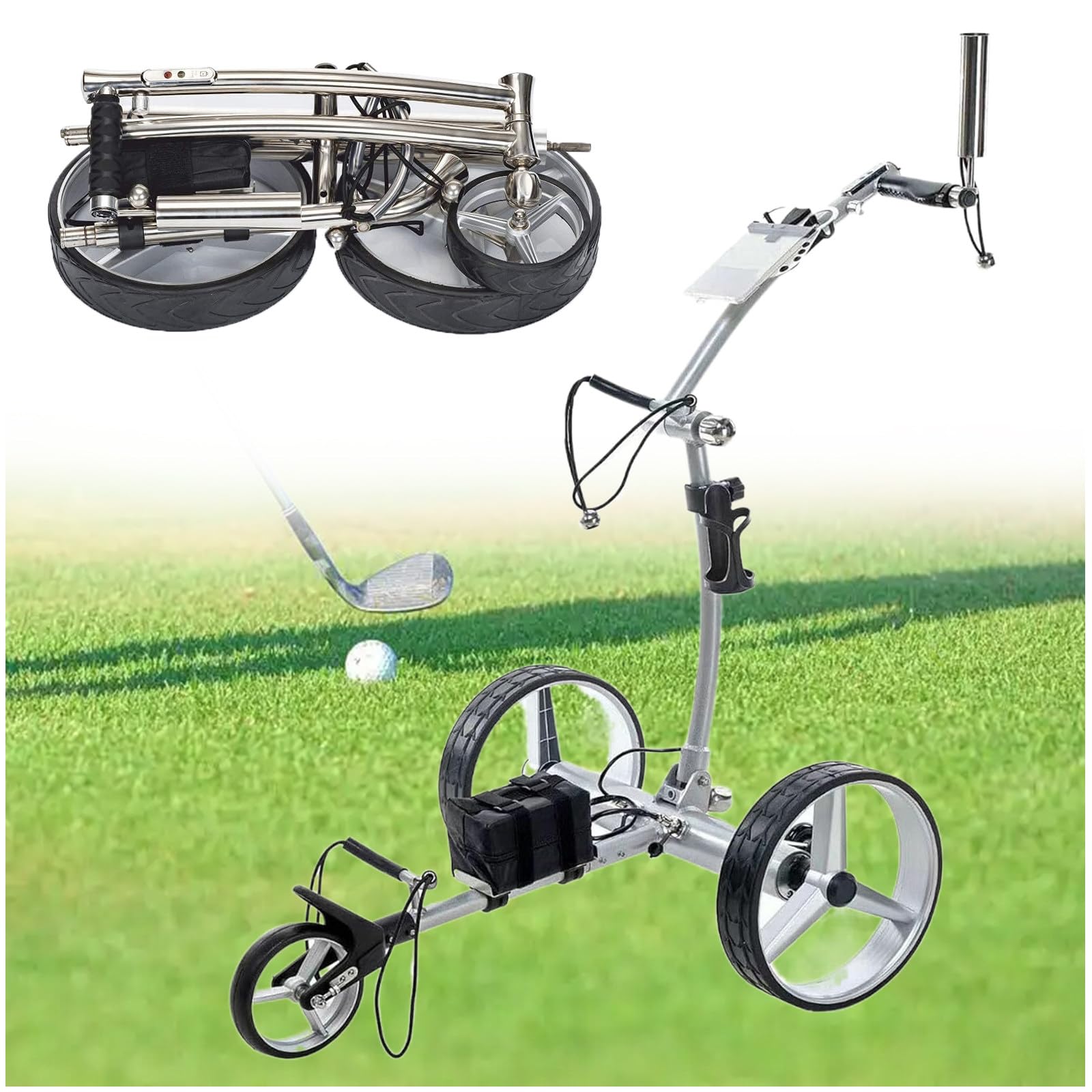 Carrito de golf eléctrico con control remoto, carrito plegable de 3 ruedas con portavasos, soporte para paraguas y soporte para teléfono, capacidad de carga de 30 kg