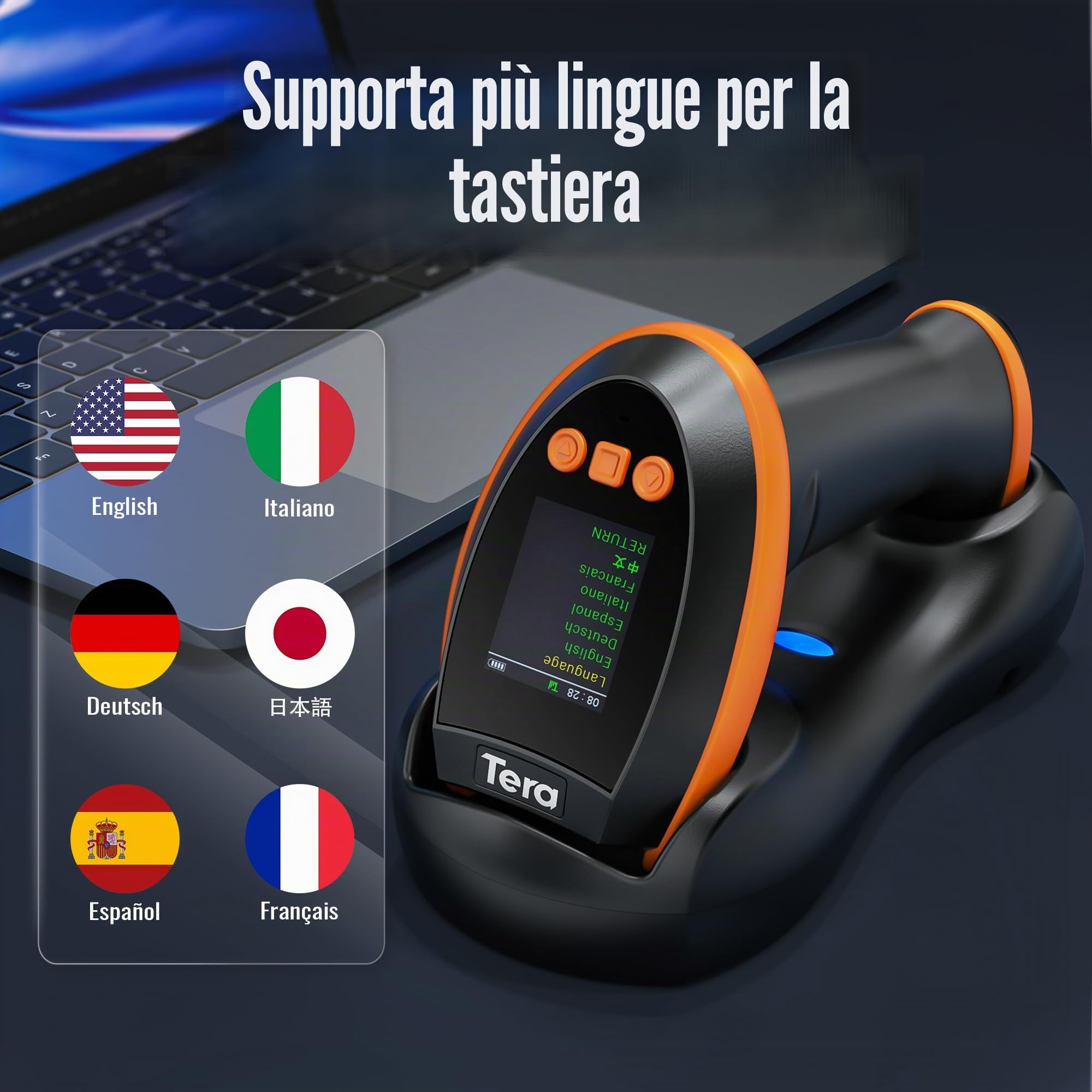 Tera Scanner per codici a barre con schermo e tastiera digitali, versione professionale, velocità di scansione extra veloce, funziona con Bluetooth 2.4G wireless e USB cablato 1D 2D QR Lettore di