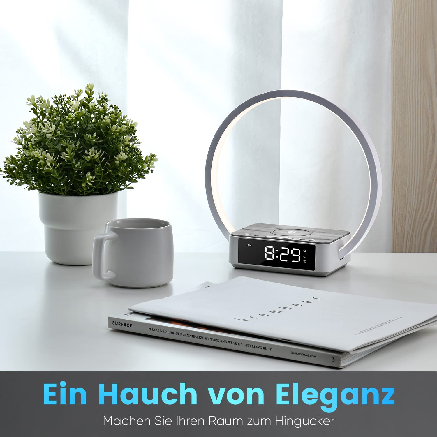 WILIT LED Nachttischlampe mit Ladefunktion 18W, Lichtwecker mit Uhr, Nachttischlampen Touch Dimmbar Schlafzimmer mit 3 Helligkeitsstufen, 10W Wireless Charger, Grau