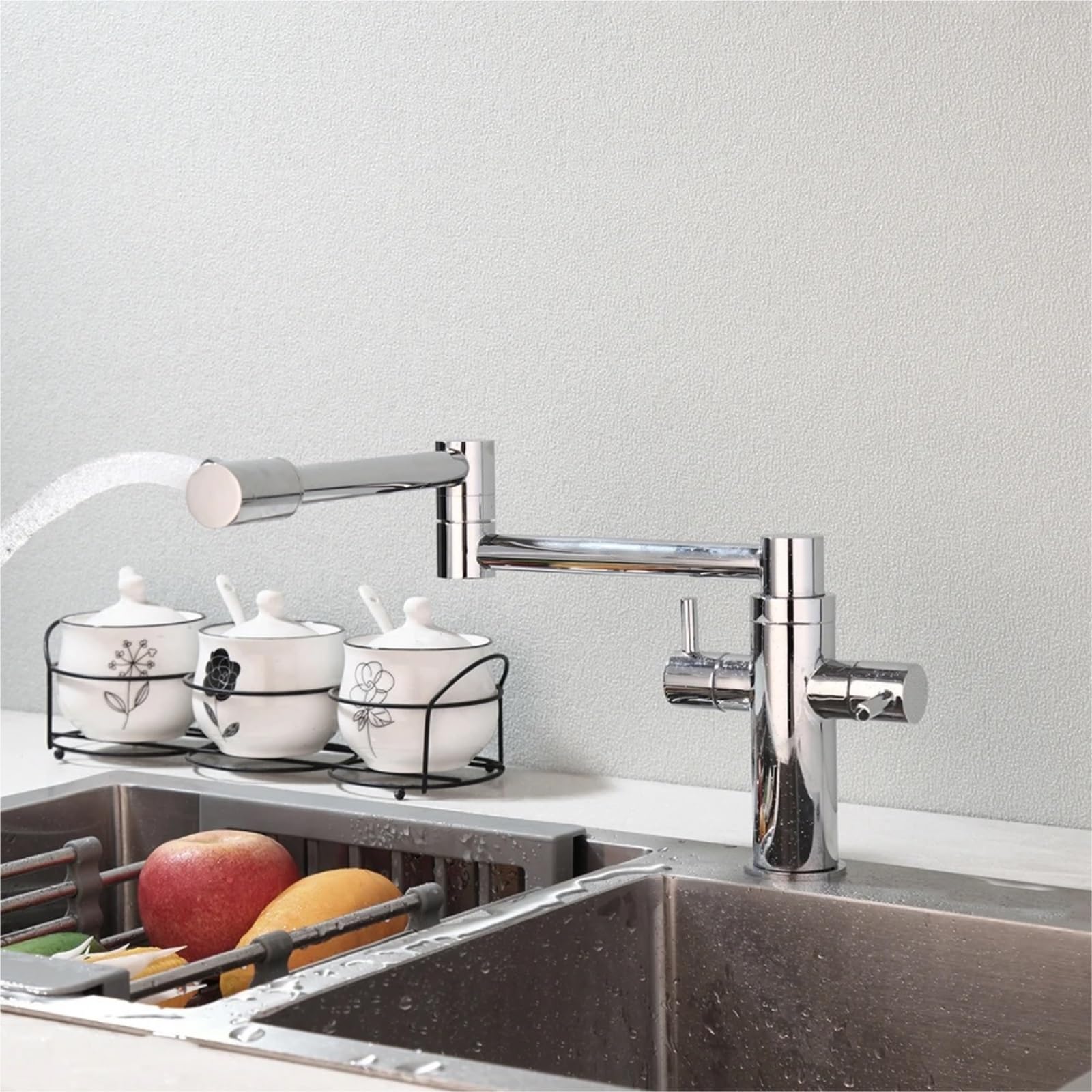 Kitchen Sink Faucet Stainless Steel Deck Mounted Dual Handle Control 720° Rotated Stream Water Adjustable Mixer Taps Silver