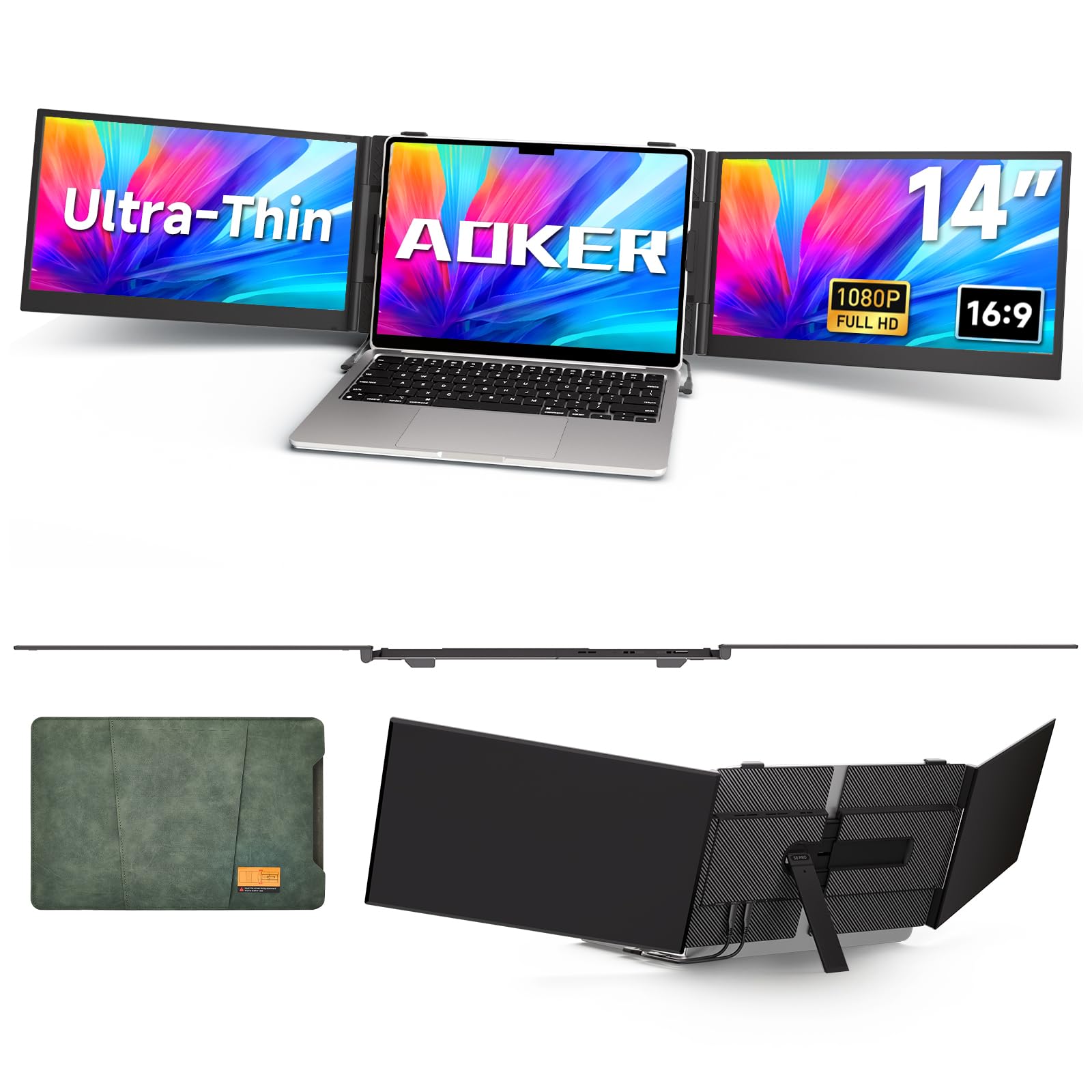 Triple Laptop Screen Extender - Ultra Thin 14" Monitor IPS FHD 1080P Portable Display for 13"-17" Laptops Compatible with Compatible with Windows Mac Chrome Surface Travel Work Setup 14.2"