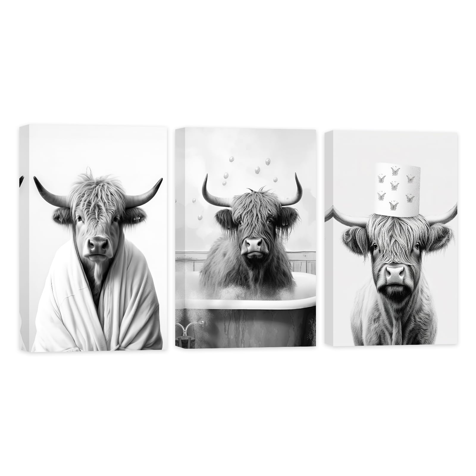 CCWACPP Bathroom Animal Wall Art Set of 3 Funny Black and White Highland Cattle Canvas Print Cow Pictures Wall Decor On Toilet Poster Framed (30x40cmx3