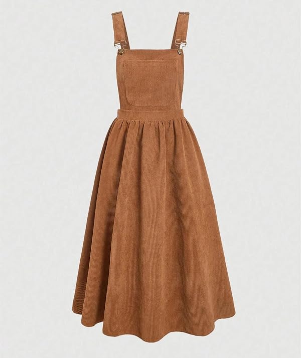 SOMTHRON Women's Corduroy Bib Overall Dress Sleeveless Adjustable Strap A Line Flare Fall Pinafore Midi Jumper Dress BR-2XL Brown by SOMTHRON - Used condition - Image 5