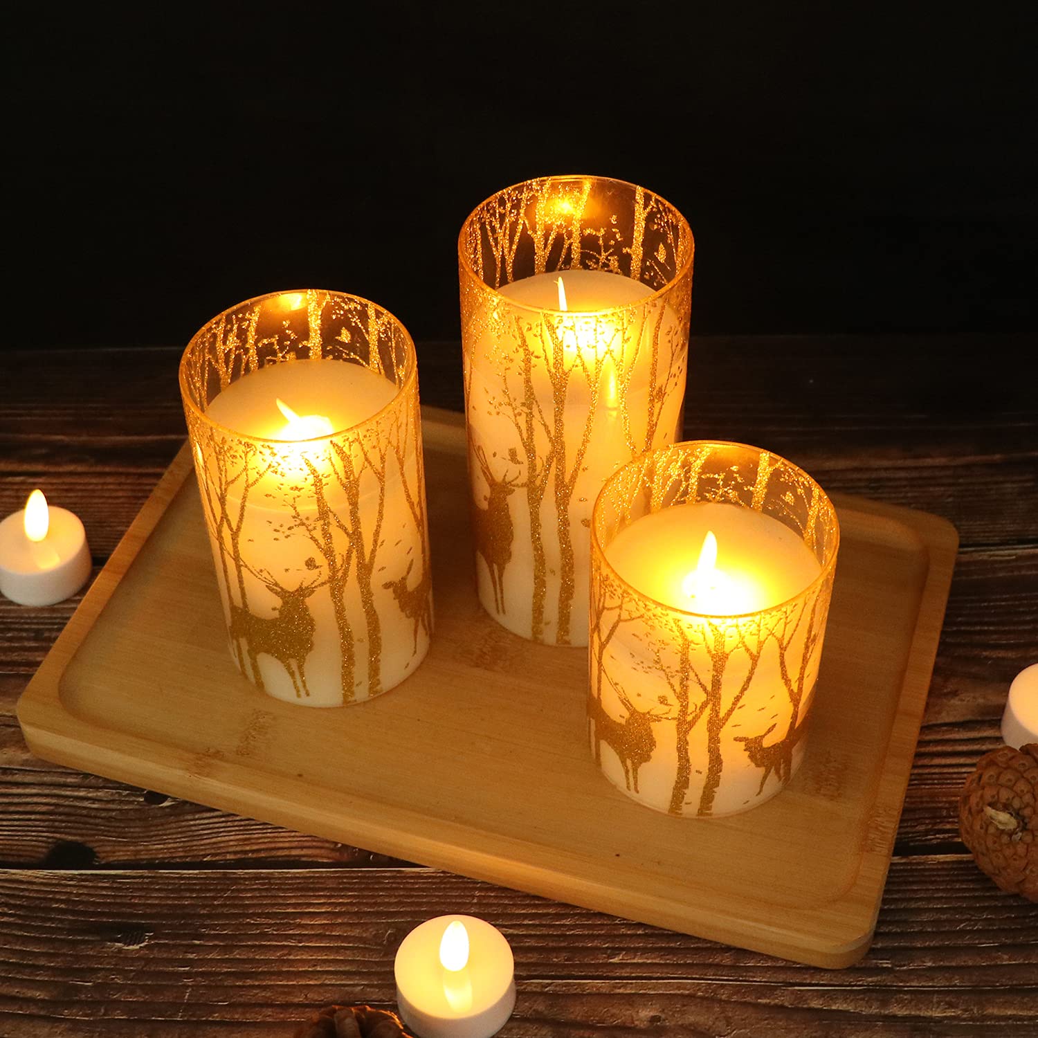 Eldnacele Candele in vetro senza fiamma tremolanti con timer e telecomando, confezione da 3 pezzi, con renna dorata, candele in vera cera, con fiamme danzanti realistiche e decorazioni natalizie per