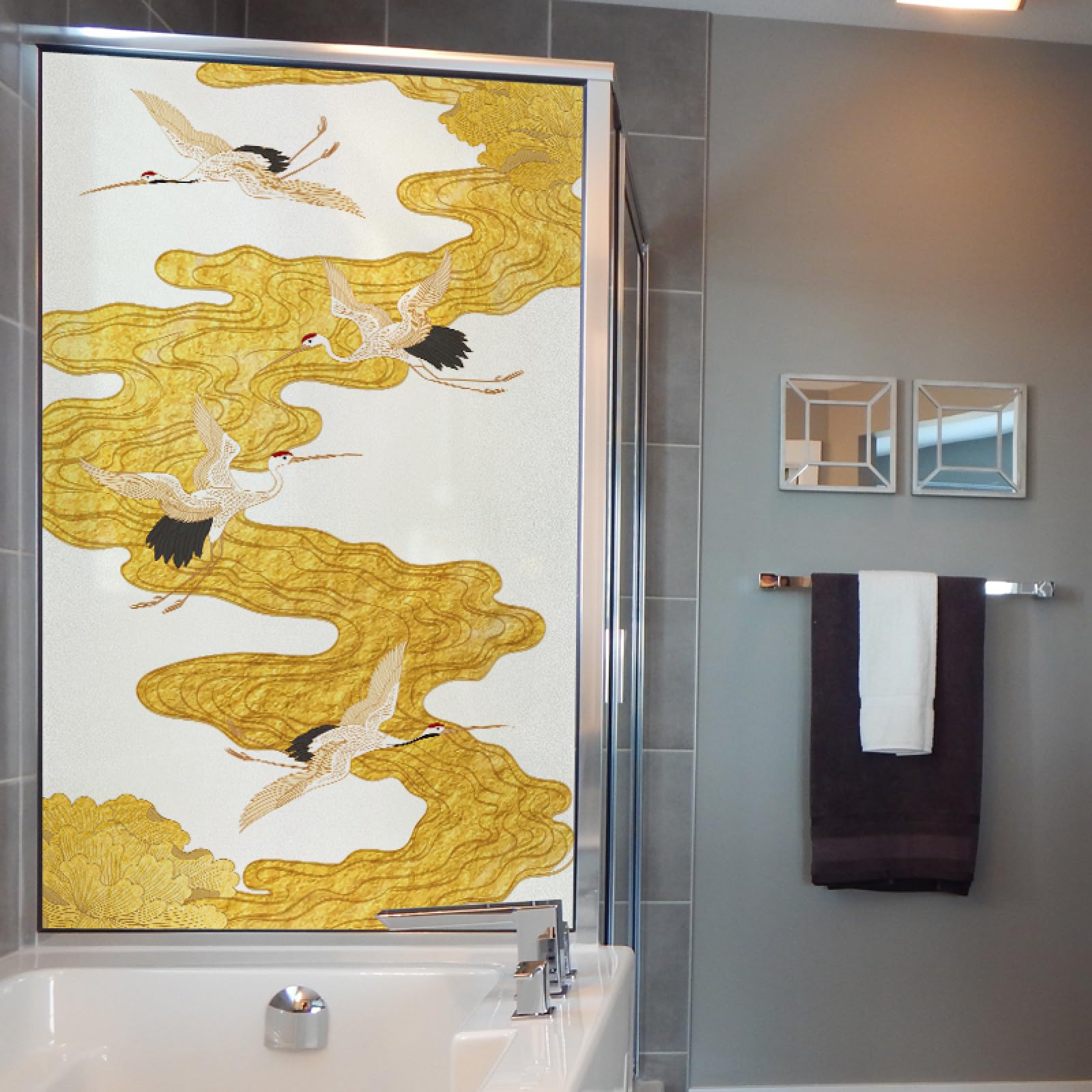 folia okienna, Szeroki, złoty, jednokierunkowy witraż zaciemniający, samoprzylepna osłona łazienkowa ze wzorem(60x116cm/3pcs)
