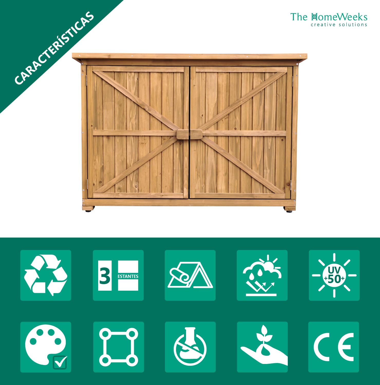 The Homeweeks Cobertizo Armario Jardín | IZELA | Madera Tratada Maciza 128 * 52 * 88cm | Armario Multiusos | Impermeable | para Almacenamiento de Herramientas y Accesorios de jardín