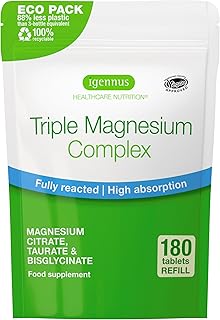 Advanced Triple Magnesium Complex, Taurate, Glycinate & Citrate, High Bioavailability & Absorption, Calming, 180 Tablets, Vegan, Non-Buffered, Pure & Oxide-Free, by Igennus
