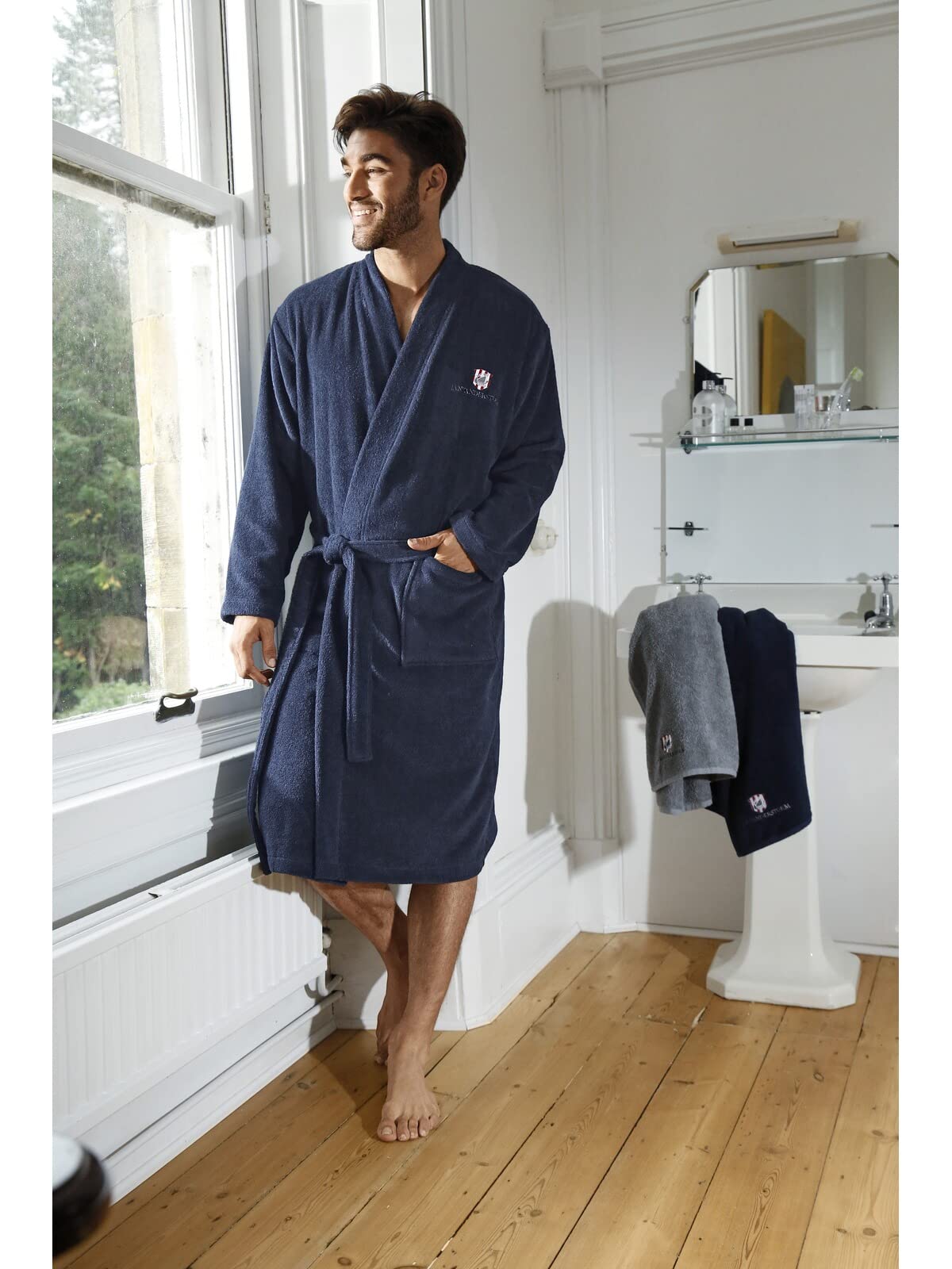 Jan Vanderstorm Herren Bademantel Janning | aus 100% Baumwolle Frottee ohne Kapuze – mit Bindegürtel, aufgesetzten Taschen, weich & saugfähig, große Größen M–7XL