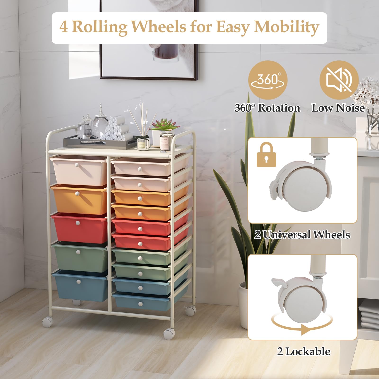 MEDIMALL Carrito de almacenamiento rodante de 15 cajones, carrito de almacenamiento multiusos para manualidades con ruedas, herramientas móviles, organizador de papel, para escuela, hogar, oficina