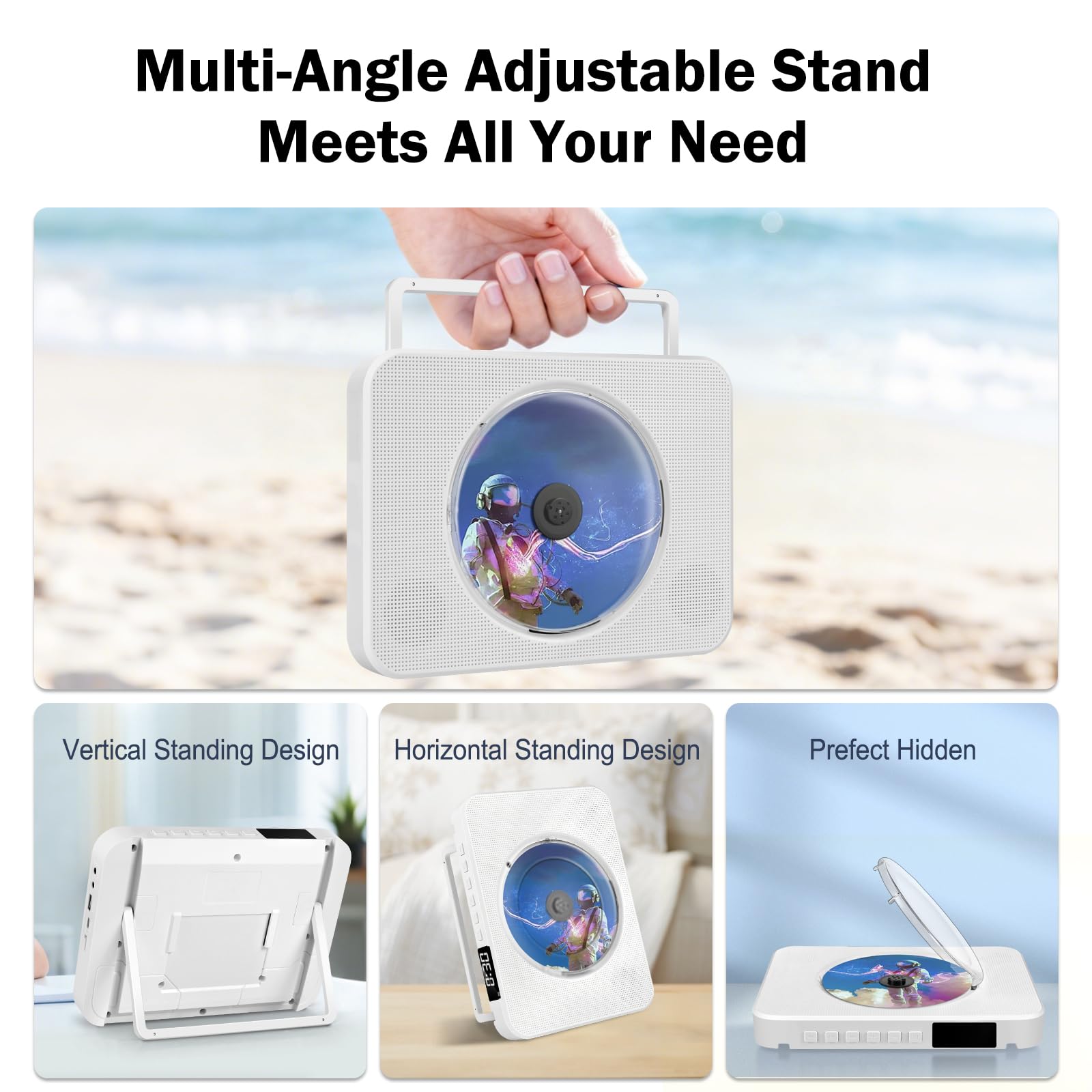 Lettore CD Portatile Bluetooth, lettore CD HIFI Stereo con supporto da tavolo, lettore musicali con telecomando con doppi altoparlanti HIFI integrati, porta USB, presa per cuffie AUX da 3,5 mm