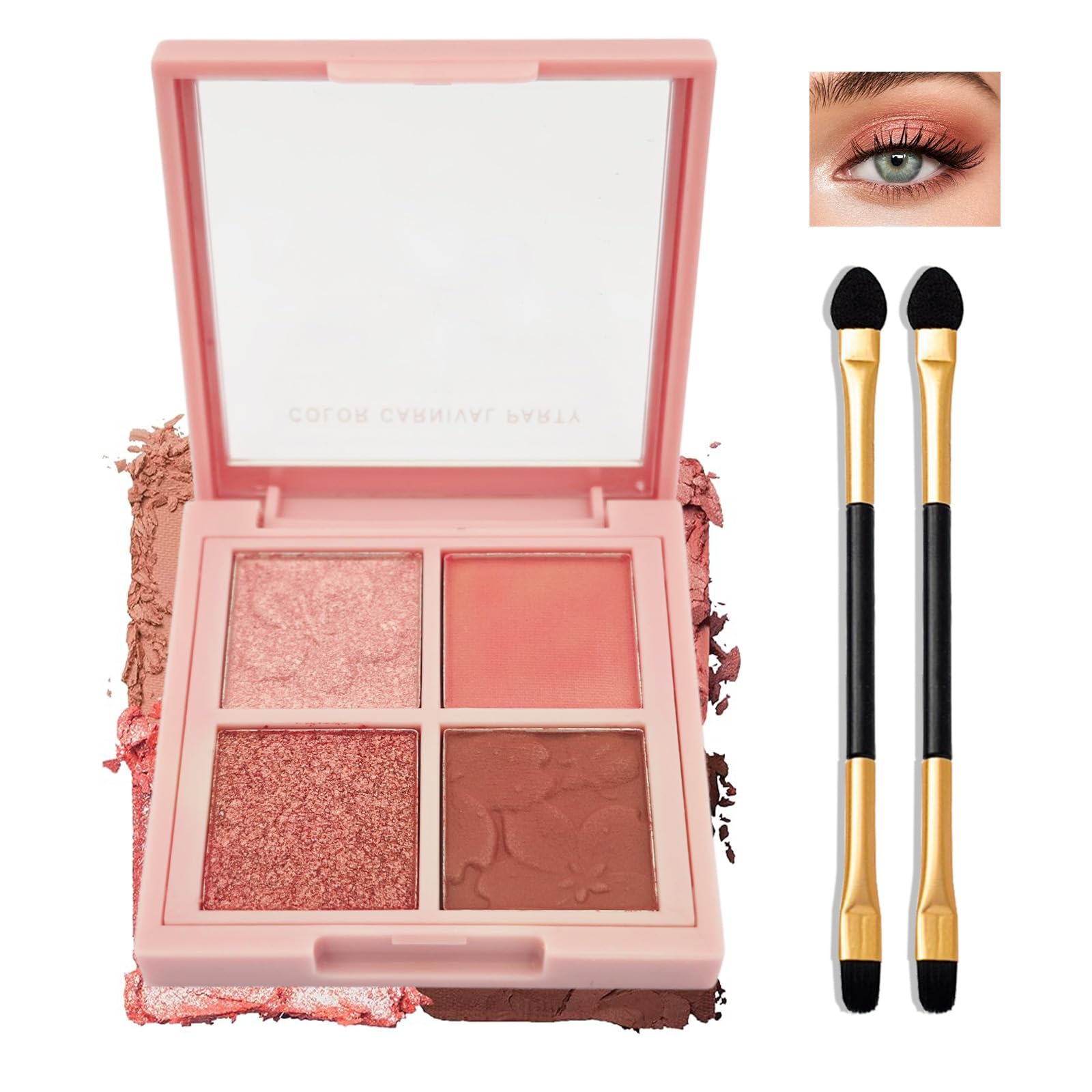 Four-Shade Pink & Terracotta Eyeshadow Palette with Floral Design Mirror