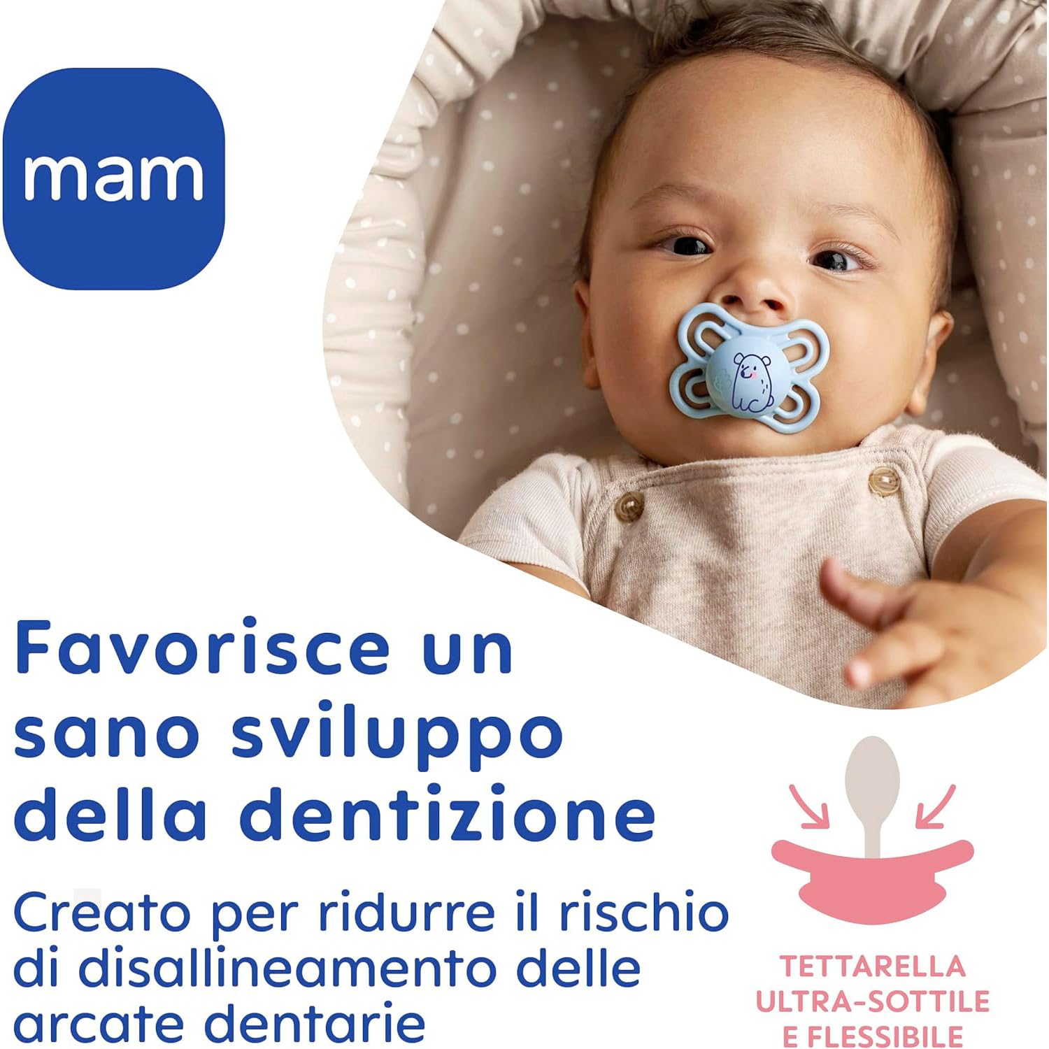 MAM Perfect Start - Juego de 2 chupetes de silicona para un desarrollo bucal saludable de 0 a 2 meses, kit de 2 accesorios para bebés con soporte para chupete esterilizador, azul claro y neutro — view 2