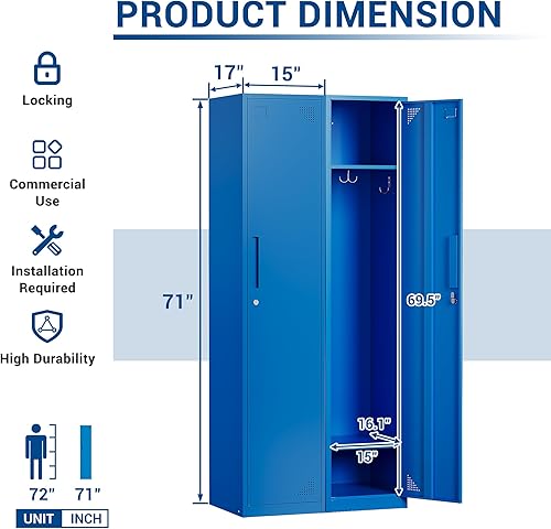 Miniatura 2 de Armario de metal de 71 "Armario de almacenamiento de acero azul con puerta para oficina, escuela, gimnasio, armarios de almacenamiento de metal para