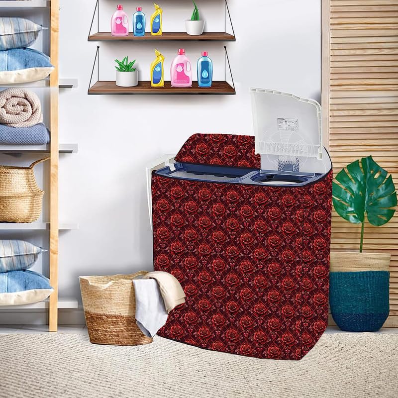 Image of PVC Semi Automatic Washing Machine Cover Suitable For Samsung, Lg, Whirlpool 9kg, 9.5kg, 10kg, 10.5kg, 11kg & 11.5kg | Waterproof & Dustproof Cover, Red Flower.