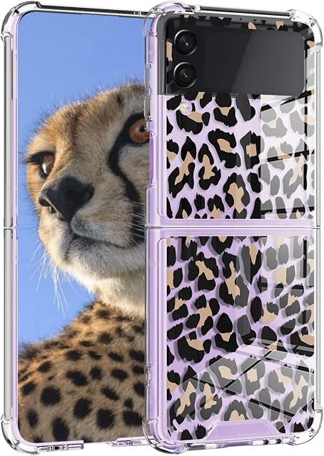 UZEUZA Compatible for Samsung Galaxy Z Flip 3 5G Case Clear Full Body Shockproof Protective Hard Bumper Folding Cover Slim Thin Leopard Print Design Wireless Charging Case for Galaxy Z Flip 3 2021