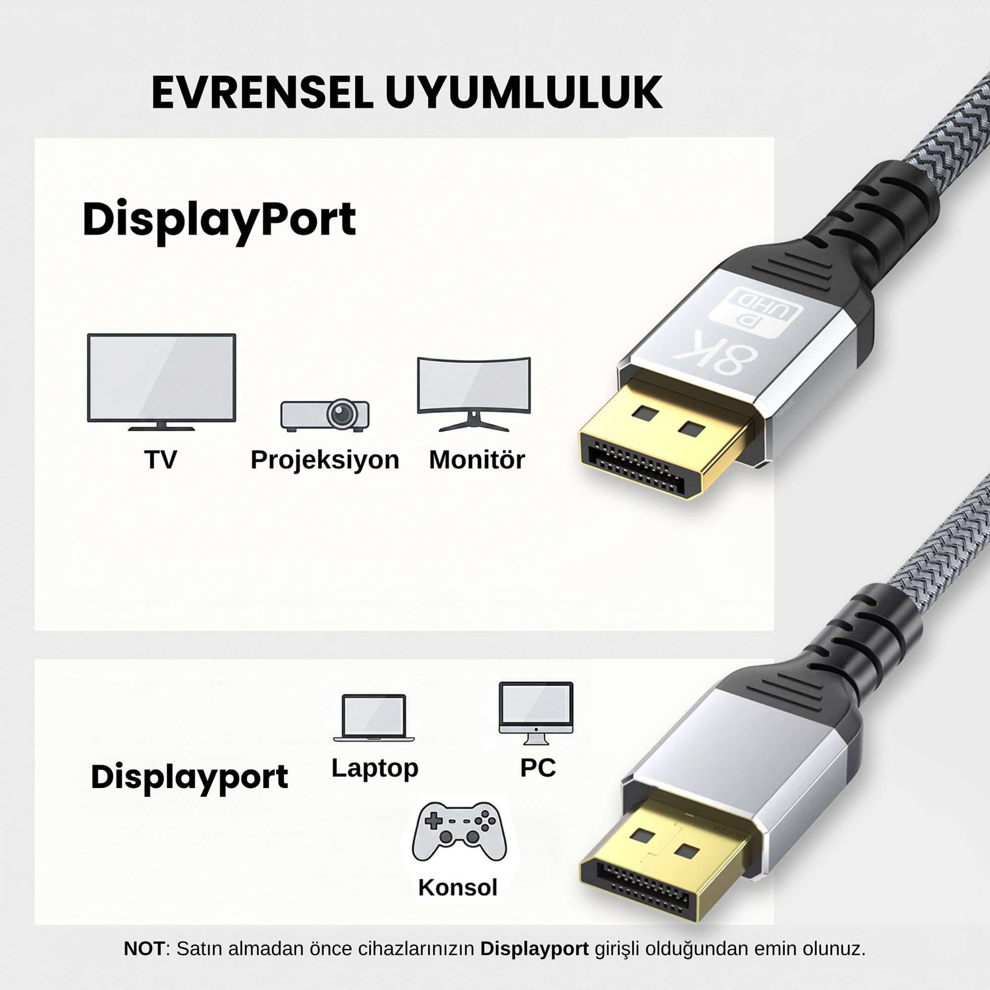 Furalis 8K DisplayPort Kablosu DP 1.4 (3 METRE) - 8K 60Hz / 4K 144Hz / 2K 165Hz - HDR10, 3D, Ses+Görüntü - Alüminyum Gövdeli ve Örgülü Gaming Monitör Kablosu