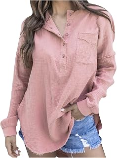 Xbemkste Blouses Women's Knitted Long Top Loose Long Sleeve Buttoned Crew Neck Henley Blouses & Tunics for Women