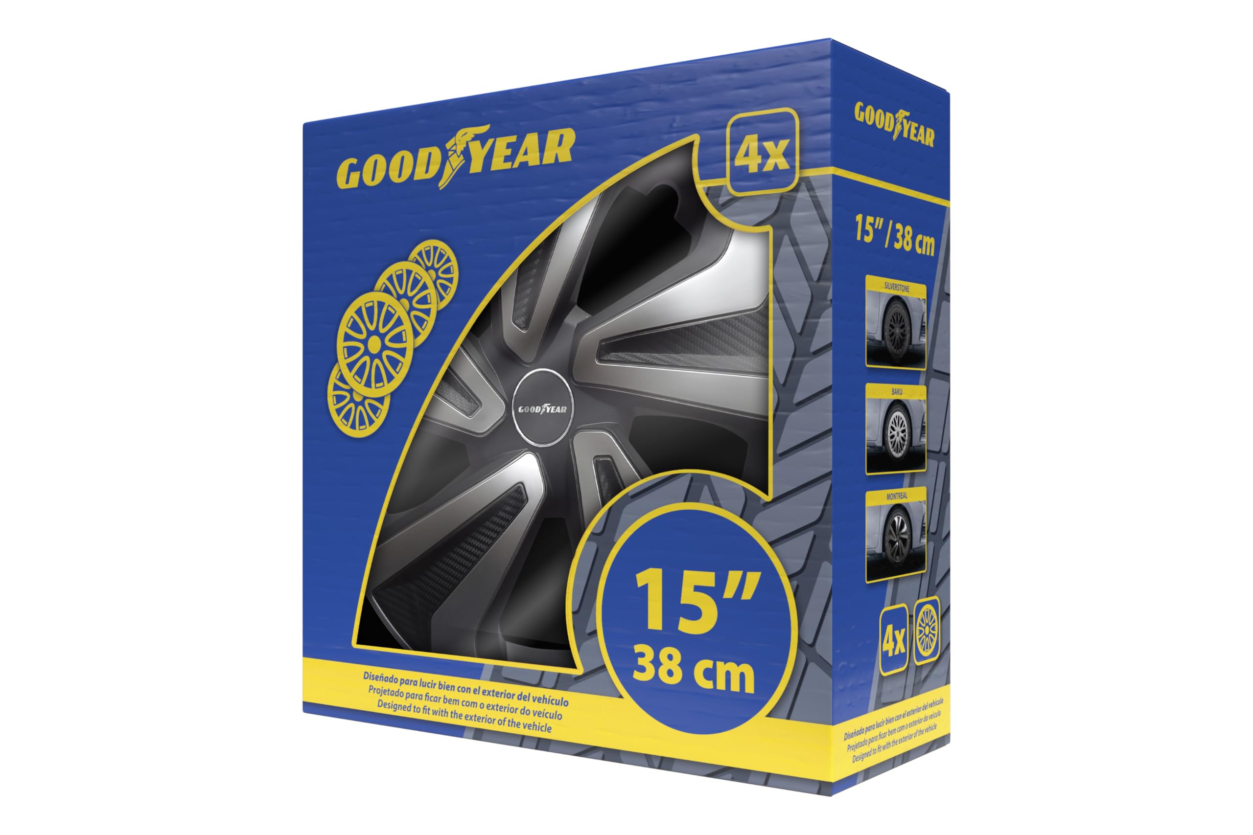 Goodyear Set di 4 copricerchi da 15" Modello Montreal Nero/Argento. Design sportivo per abbinarsi all'esterno del veicolo. Costruzione robusta e durevole.